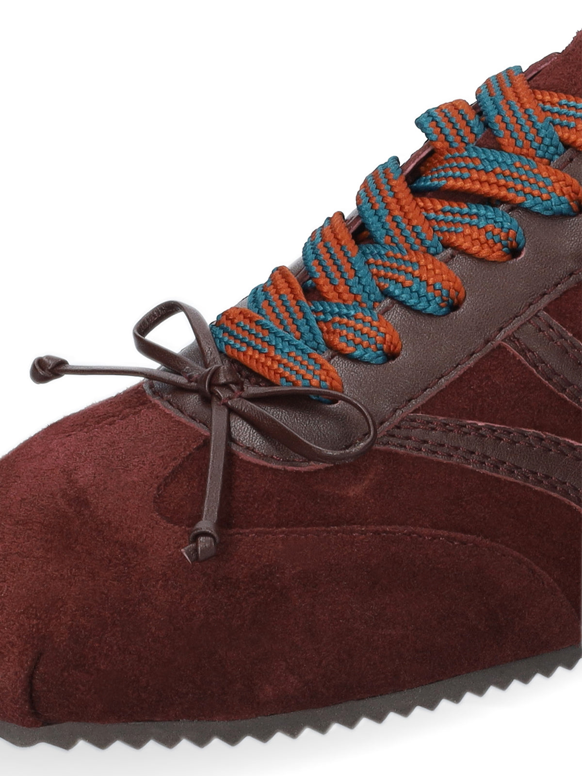 Burgundy Cow Leather And Cow Suede Square-Toe Lace-Up Sneakers Flats