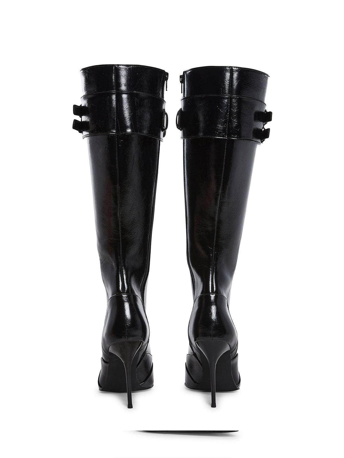 Black Pointed-Toe Front Full Lace-Up And Full-Zip Buckle Straps Knee High Stiletto Boots