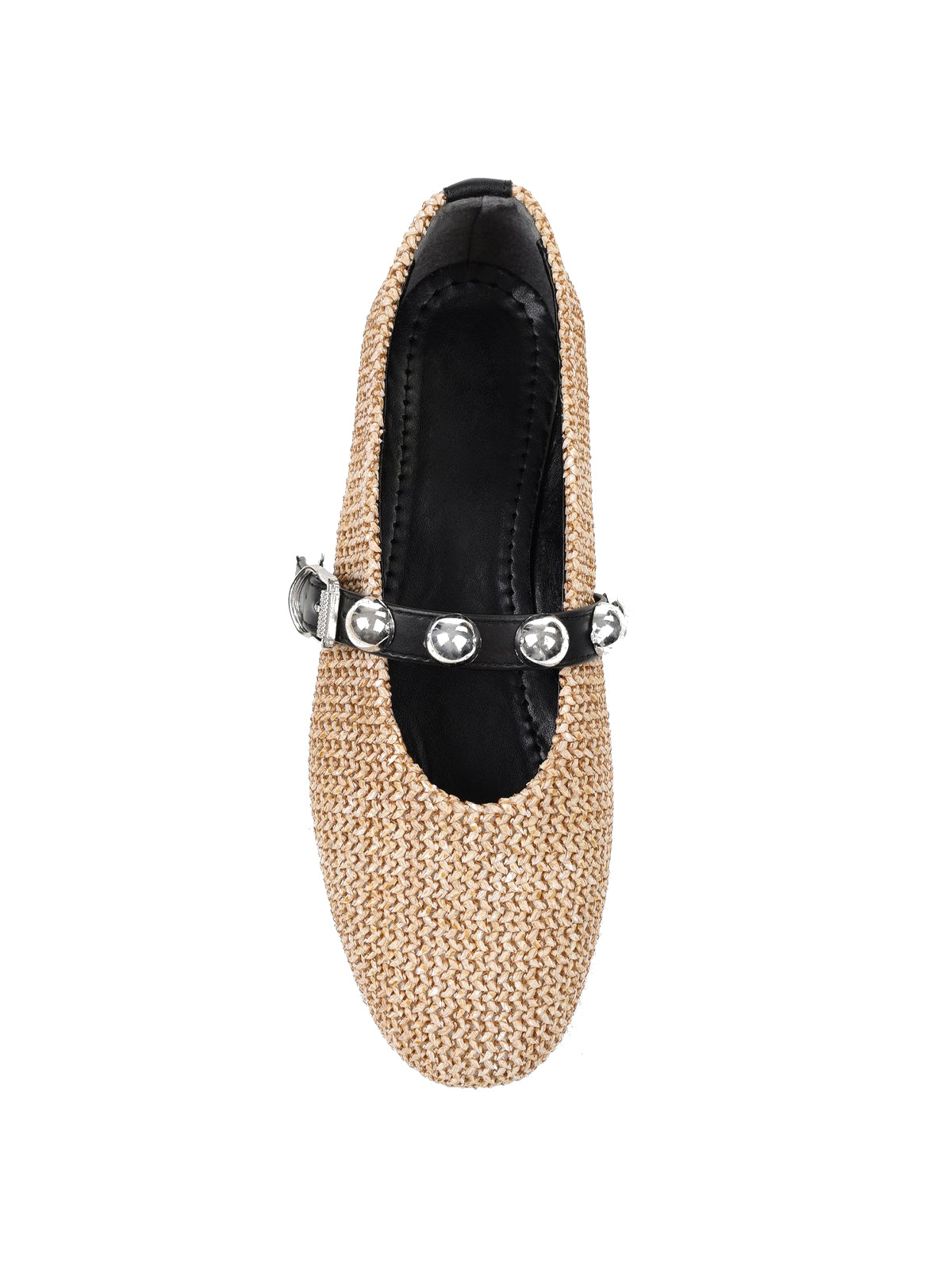 Nude Grass Woven Square-Toe Bridge Strap With Studs Ballet Flats