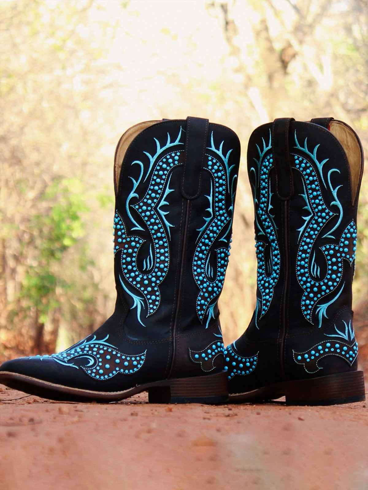 Black Square-Toe Blue Embroidery And Studs Wide Mid Calf Cowgirl Boots