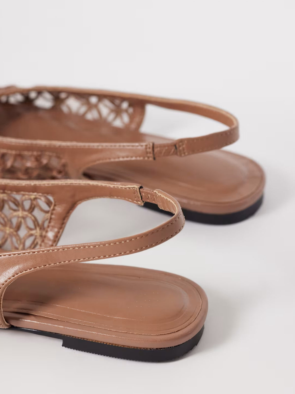 Taupe Woven Vegan Leather Square-Toe Classic Back Strap Flats