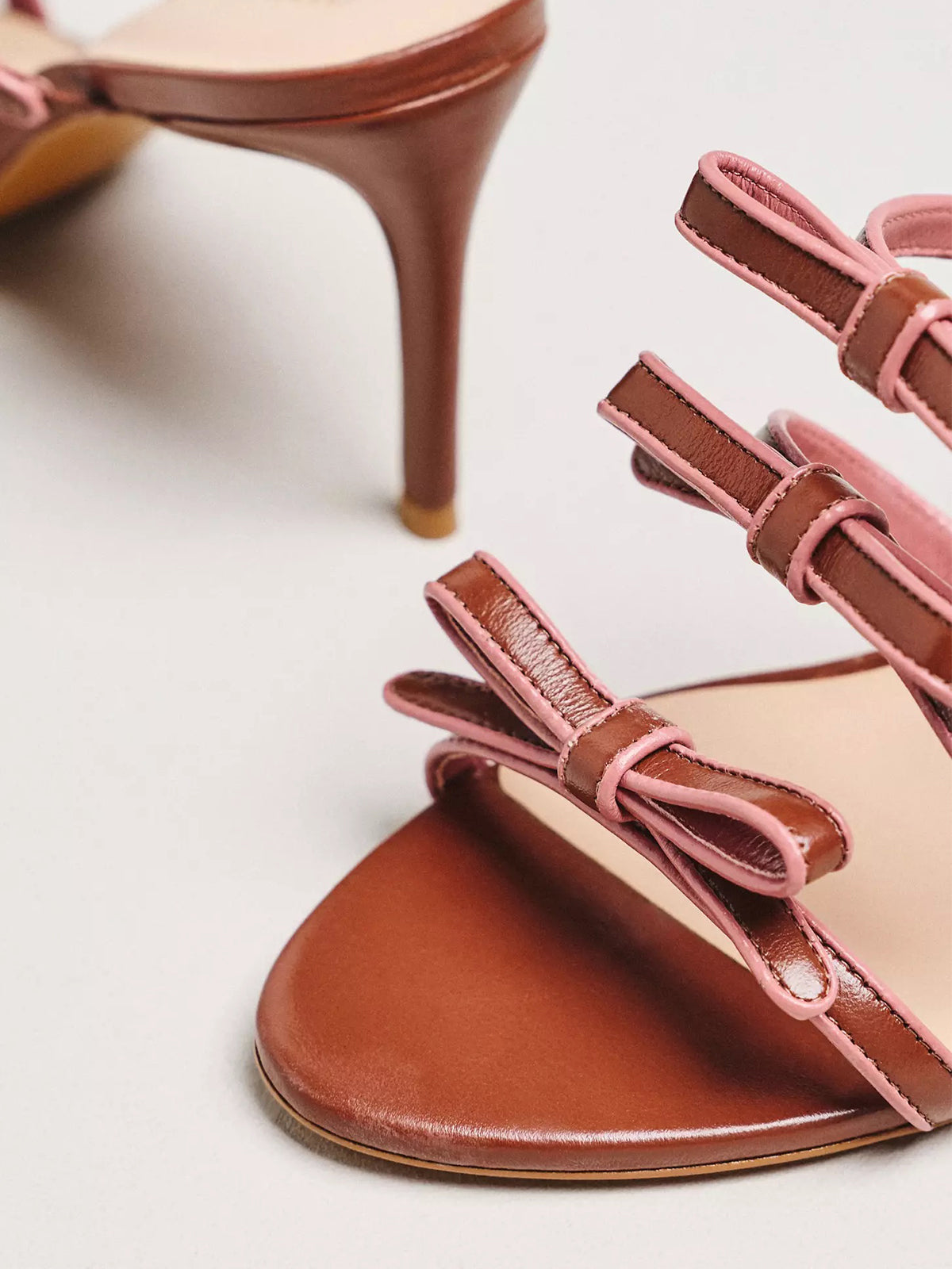 Brown Peep Round-Toe Triple-Bow Backless High Heels