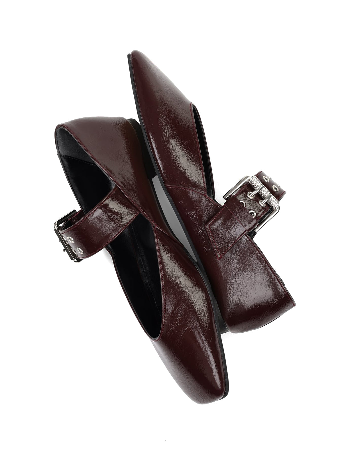Burgundy Square-Toe Buckle Bridge Strap With Eyelets Ballet Flats
