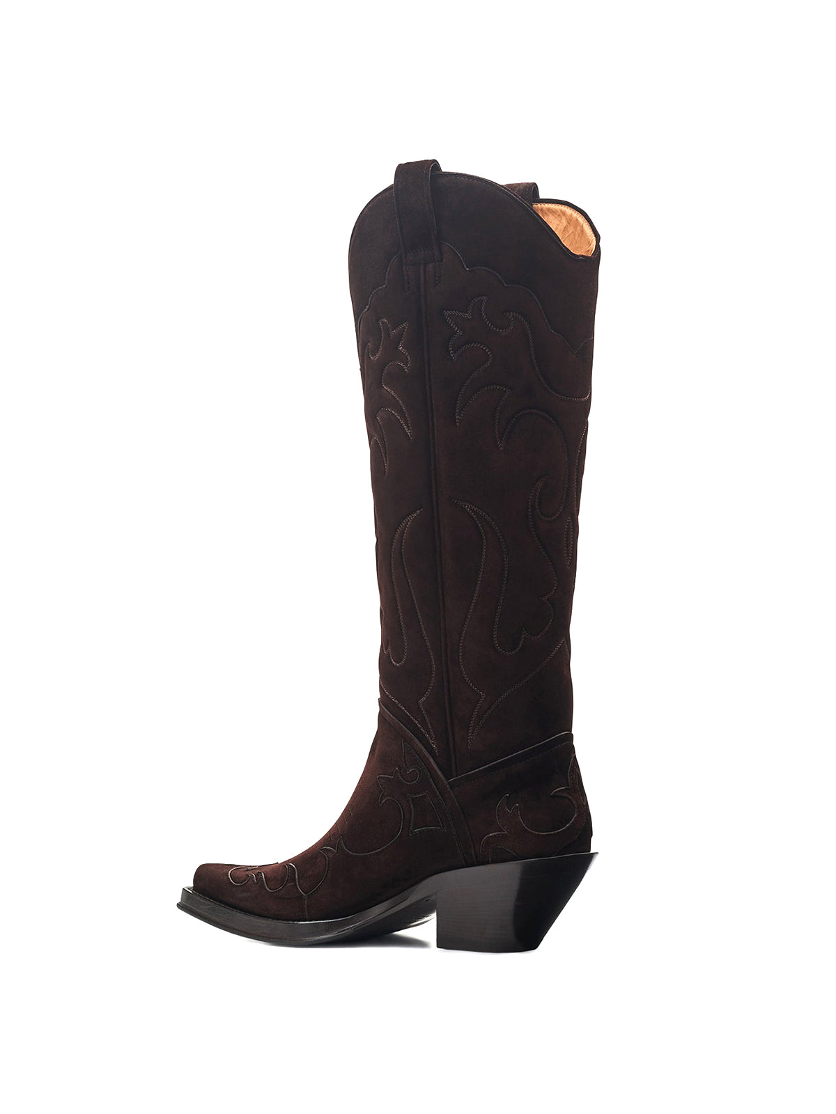 Chocolate Faux Suede Pointed-Toe Classic Embroidery Wide Calf Knee High Chic Cowgirl Boots