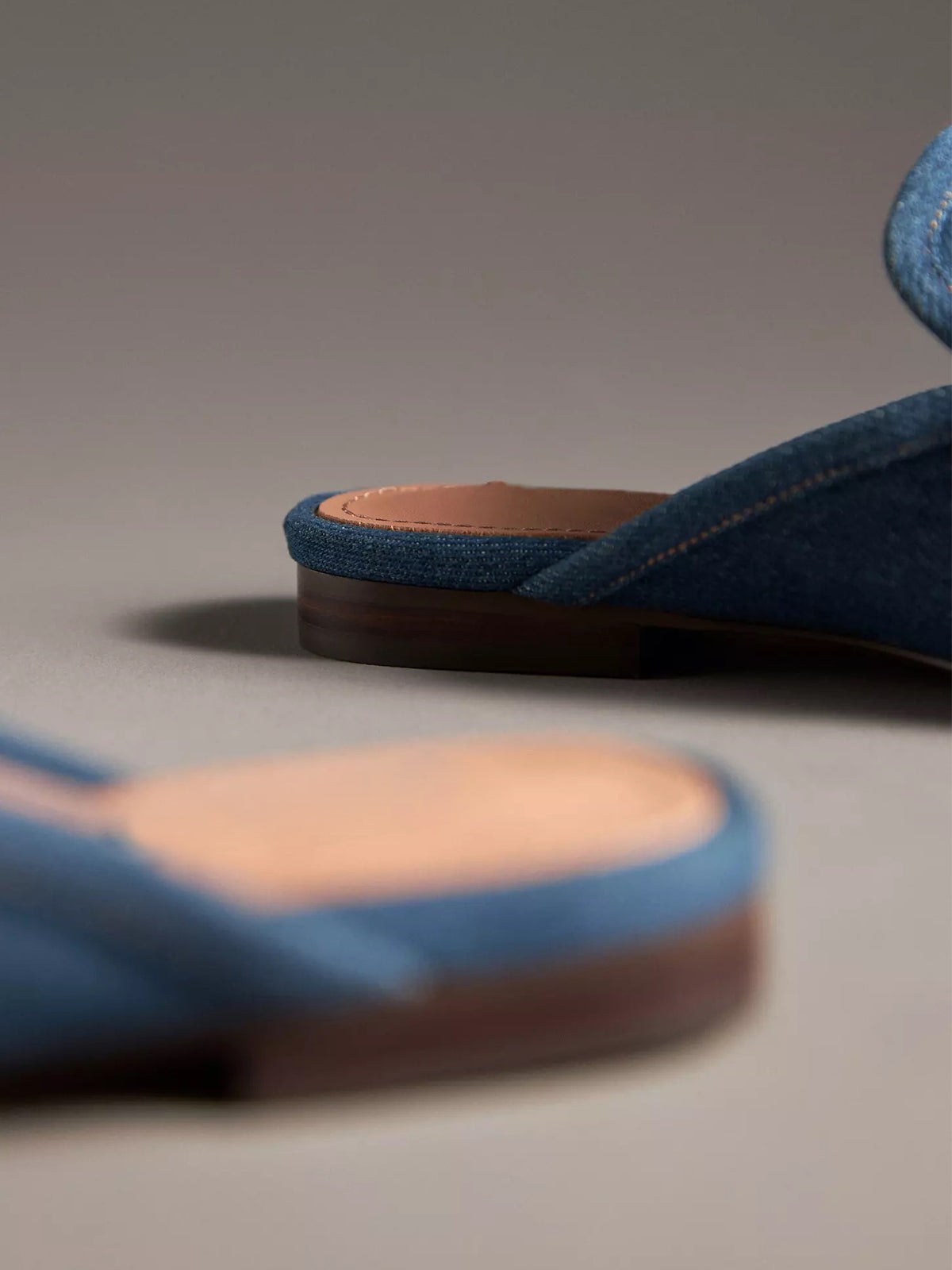 Blue Denim Square-Toe Slip-On Front Metal Detail Flats Loafers