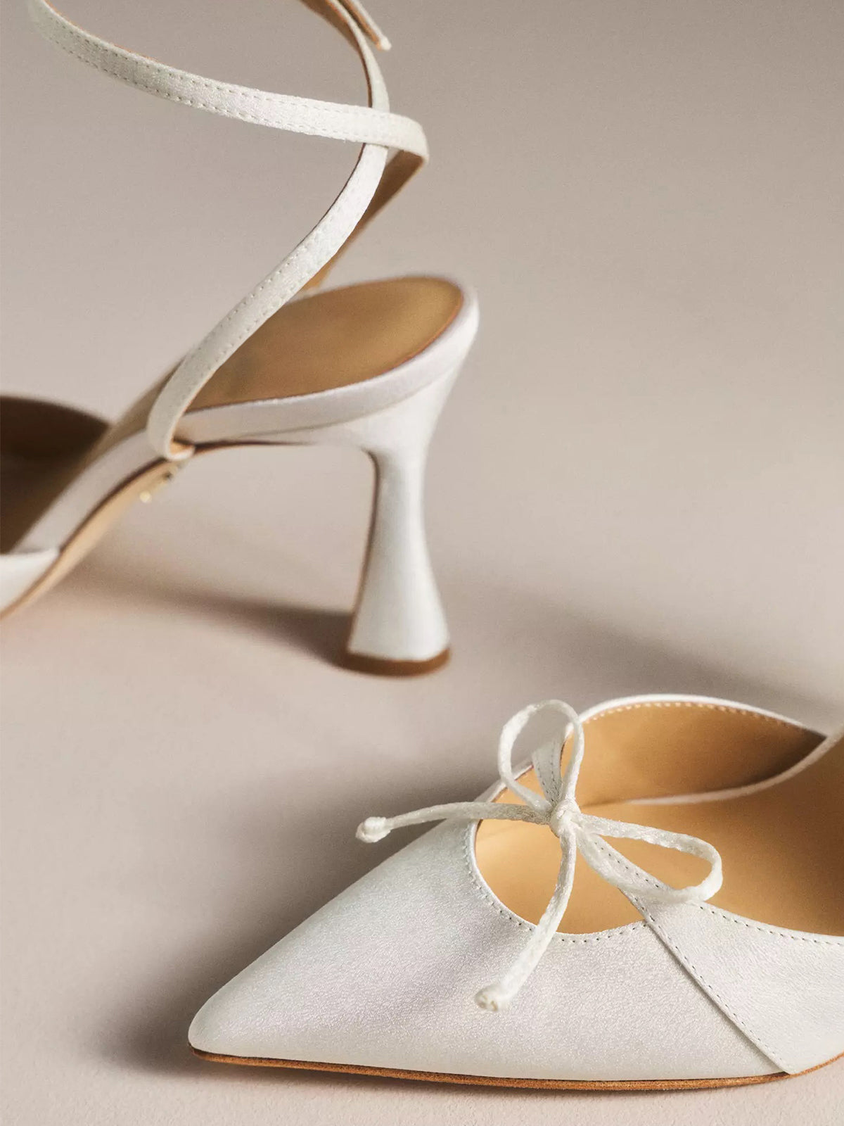 White Satin Pointed-Toe Front Bow Back And Ankle Strap High Heels