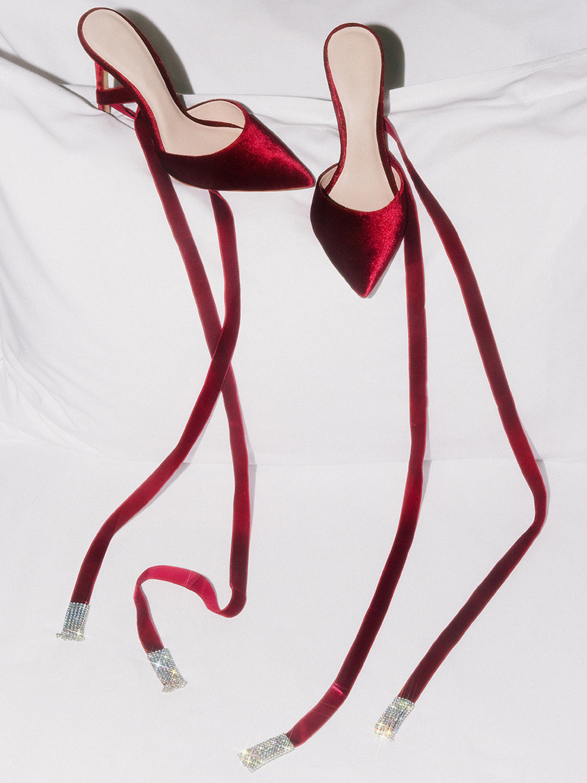 Red Velvet Pointed-Toe Back Ankle Bow And Ankle Strap High Heels