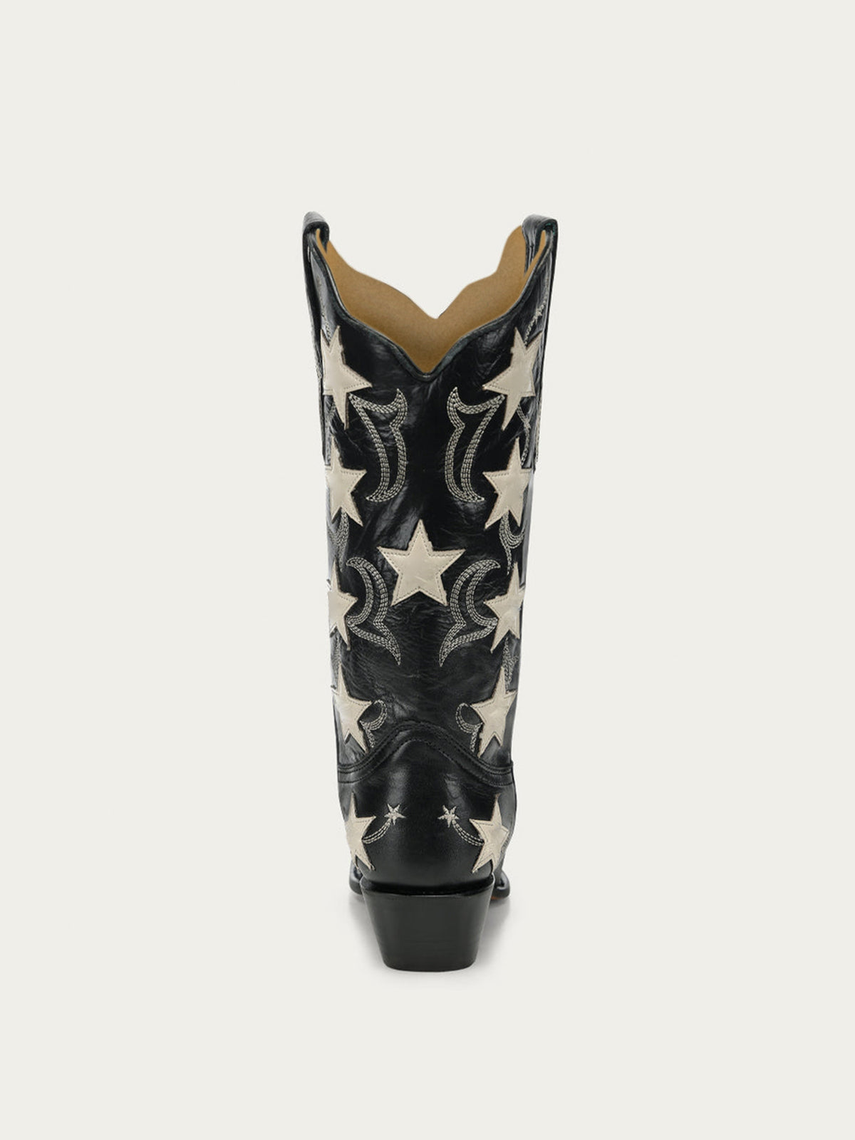Black Snip-Toe Chic Stars Inlay With Embroidery Mid Calf Cowgirl Boots
