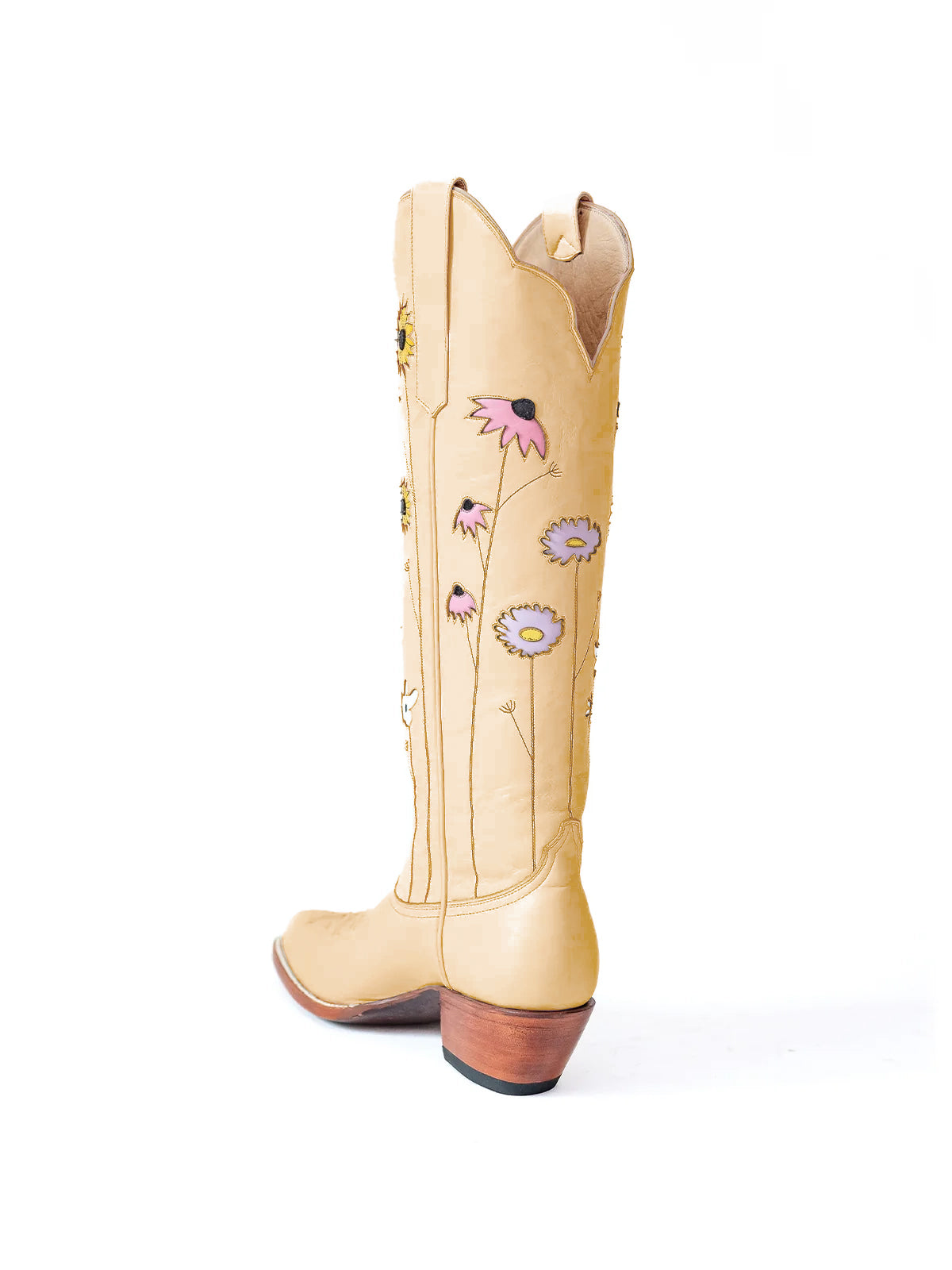 Honey Almond-Toe Colorful Flowers Inlay Wide Calf Knee High Cowgirl Boots