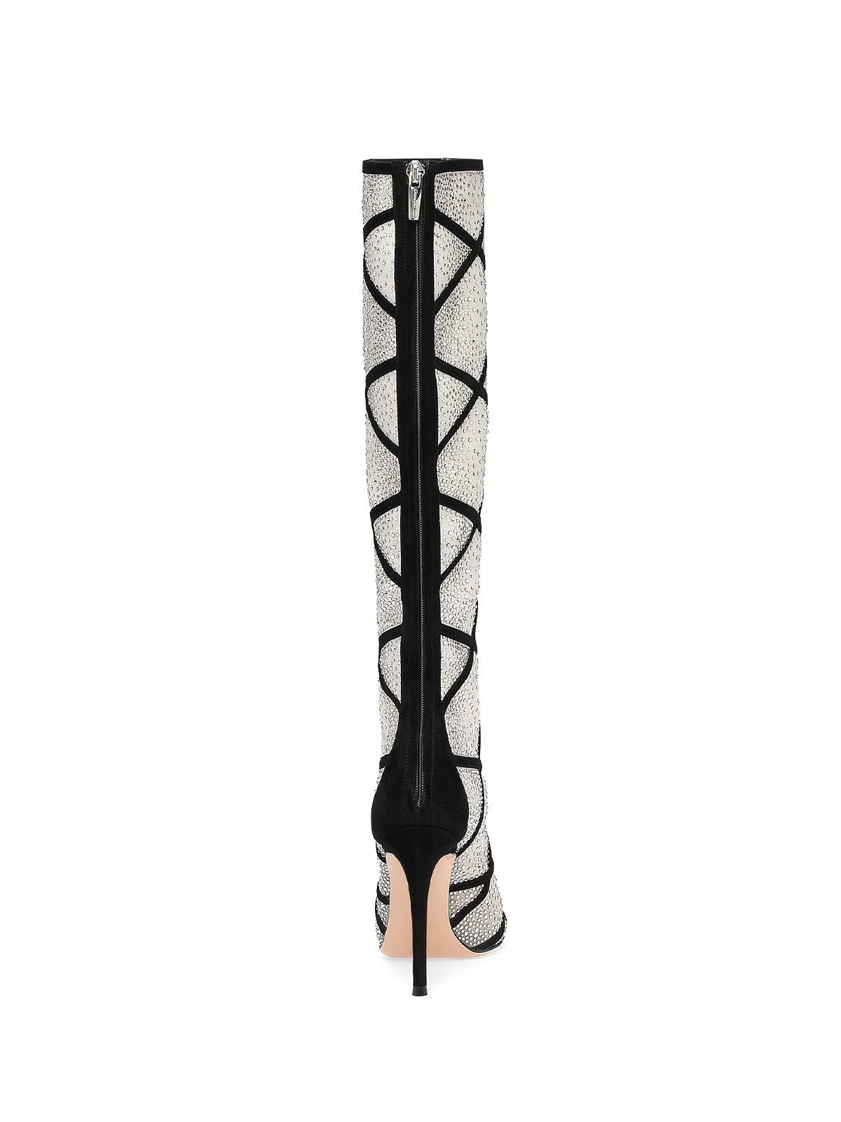 Mesh And Black Faux Suede Pointed-Toe Rhinestones Back Full-Zip Knee High Stiletto Boots