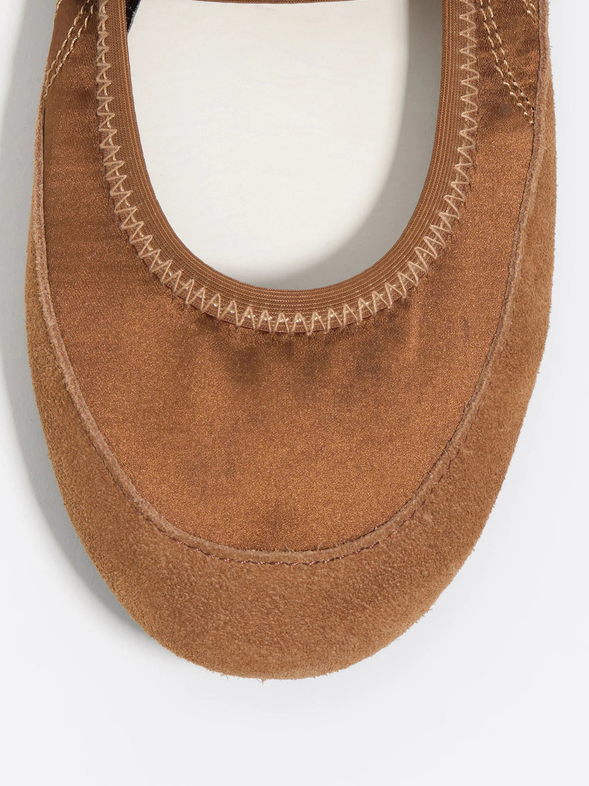 Tan Cow Suede And Satin Round-Toe Chic Mary Jane Strap Flats