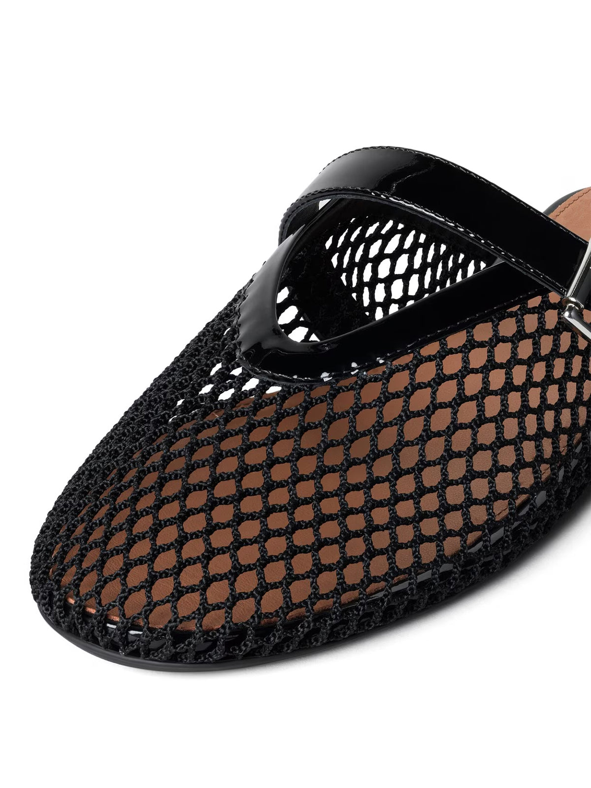 Patent Black And Mesh Round-Toe Middle Strap Backless Flats