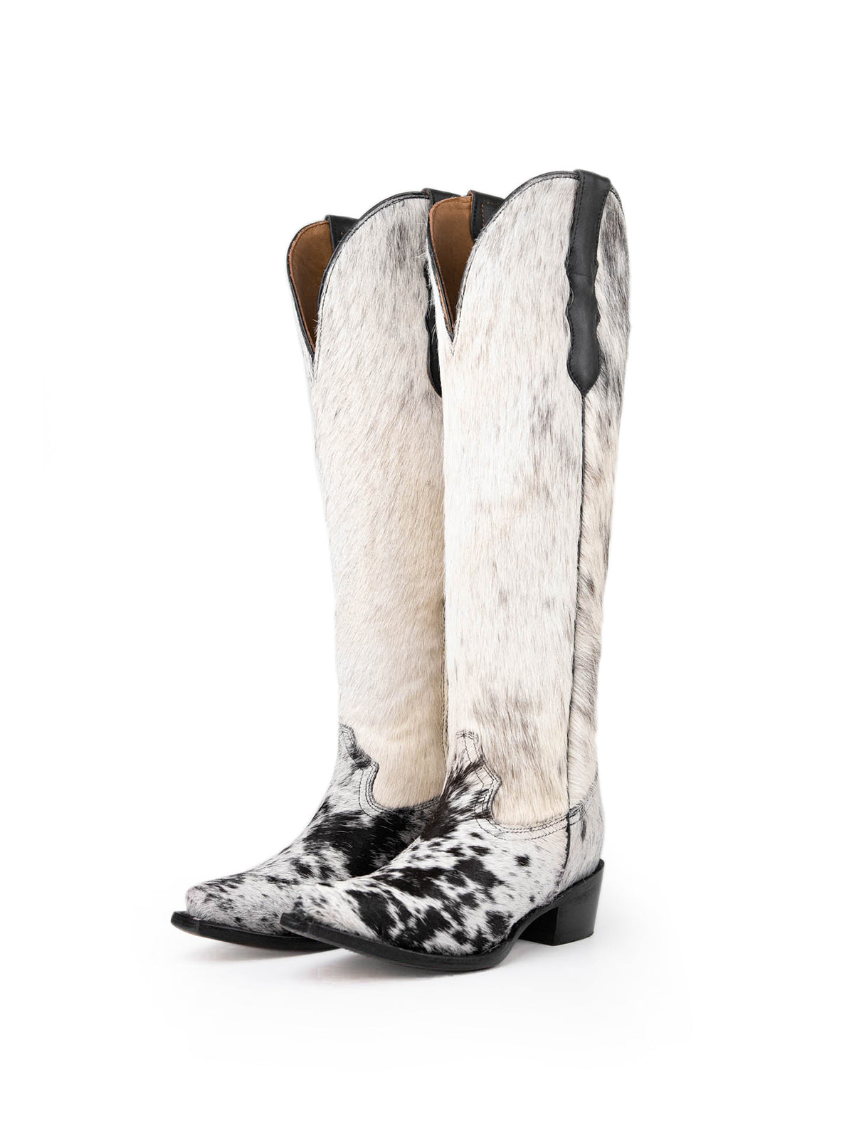White With Black Cow Print Pony Hair Snip-Toe Embroidery Half-Zip Knee High Cowgirl Boots