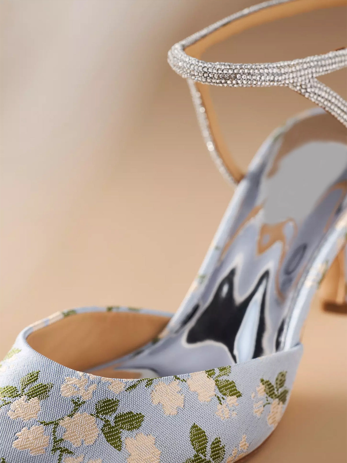 Blue Satin Pointed-Toe Floral Embroidery Ankle Strap High Heels