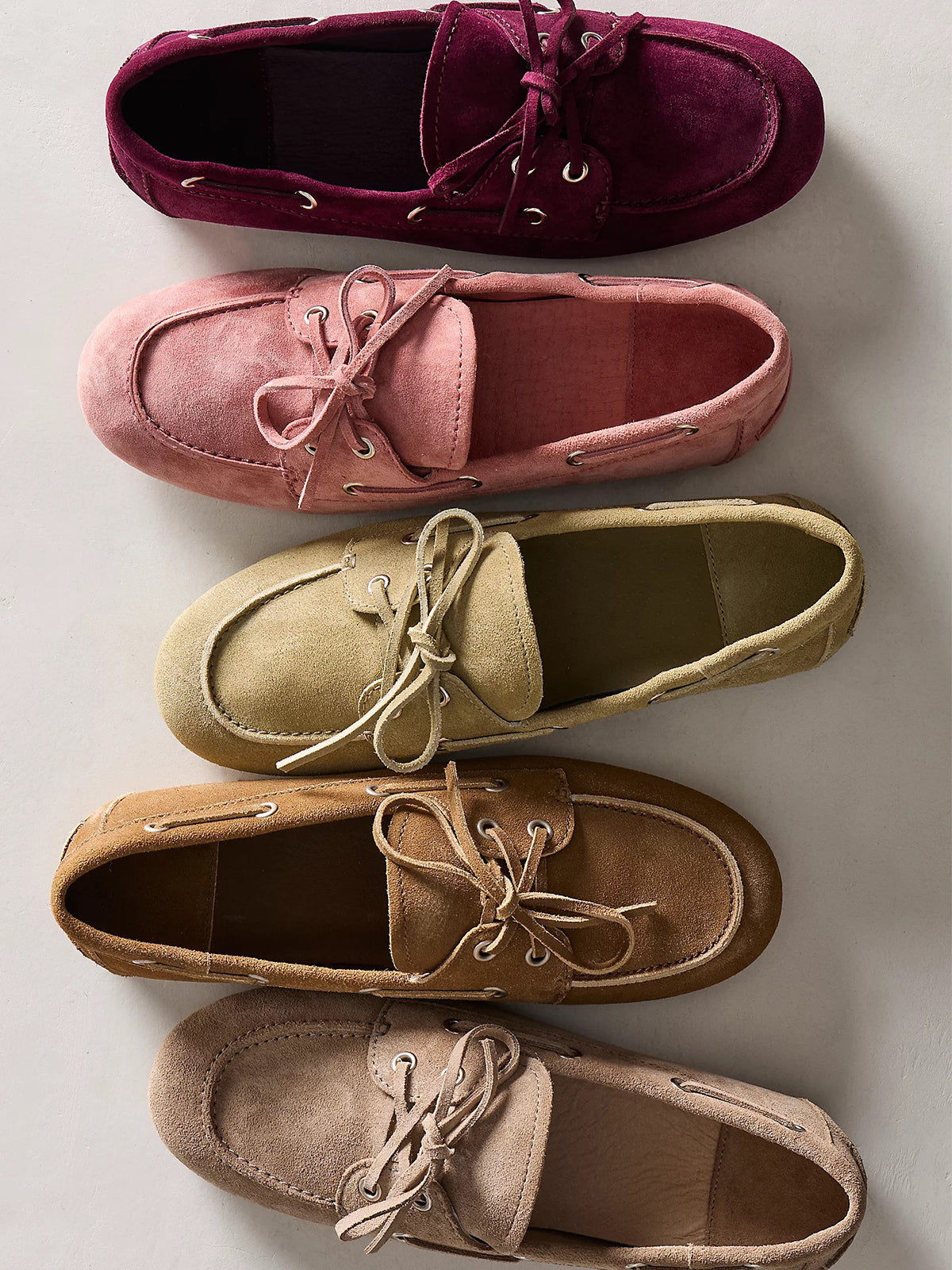 Wine Red Faux Suede Round-Toe Lace-Up Boat Shoes Flats