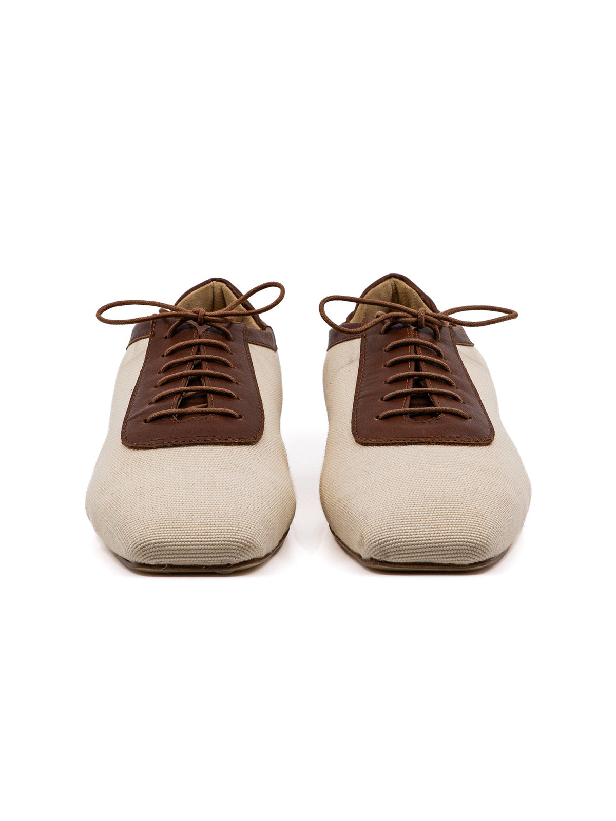 Beige Canvas And Camel Vegan Leather Square-Toe Lace-Up Flats