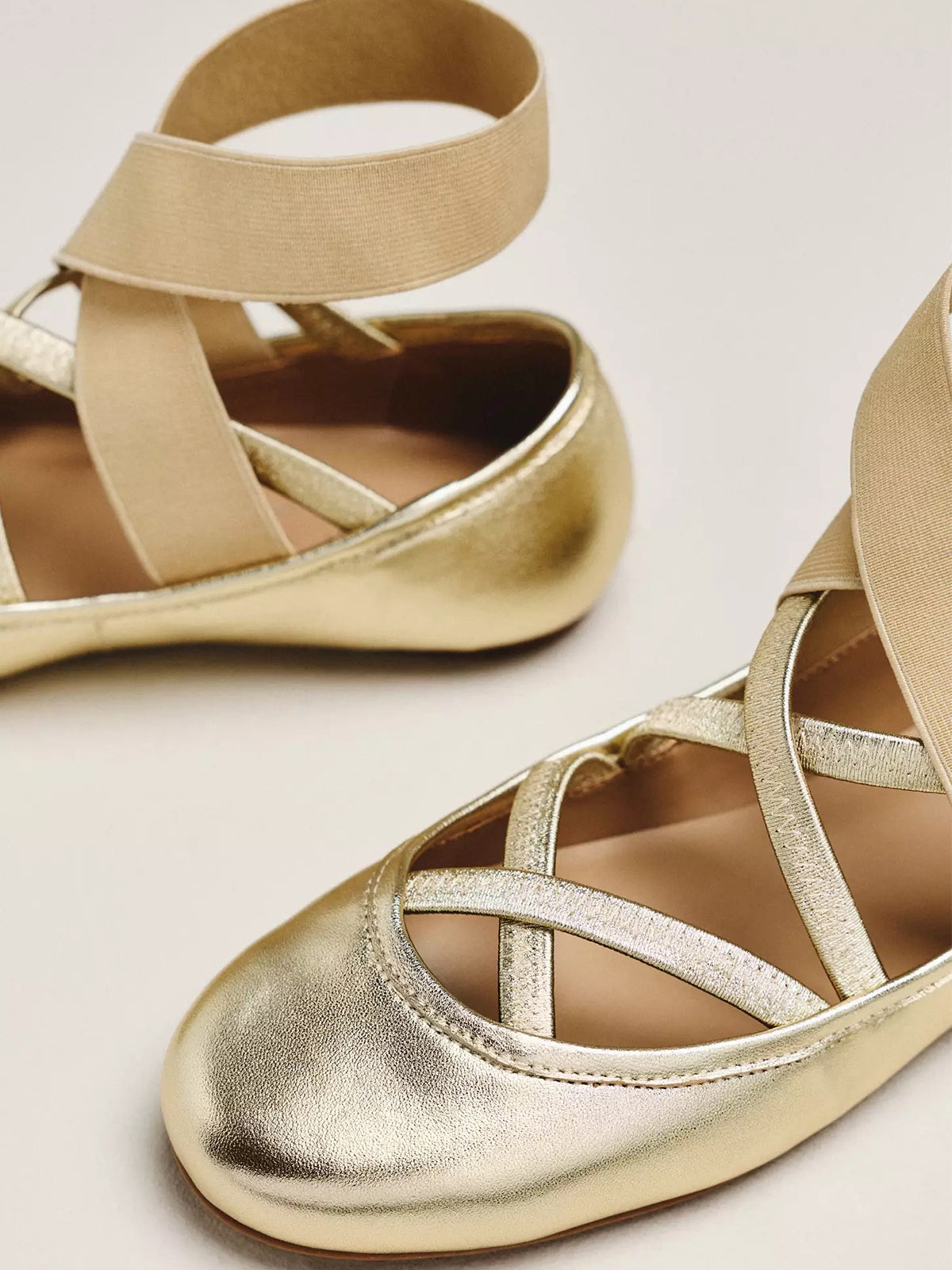 Metallic Champagne Round-Toe Strappy And Ankle Wrap Strap Ballet Flats