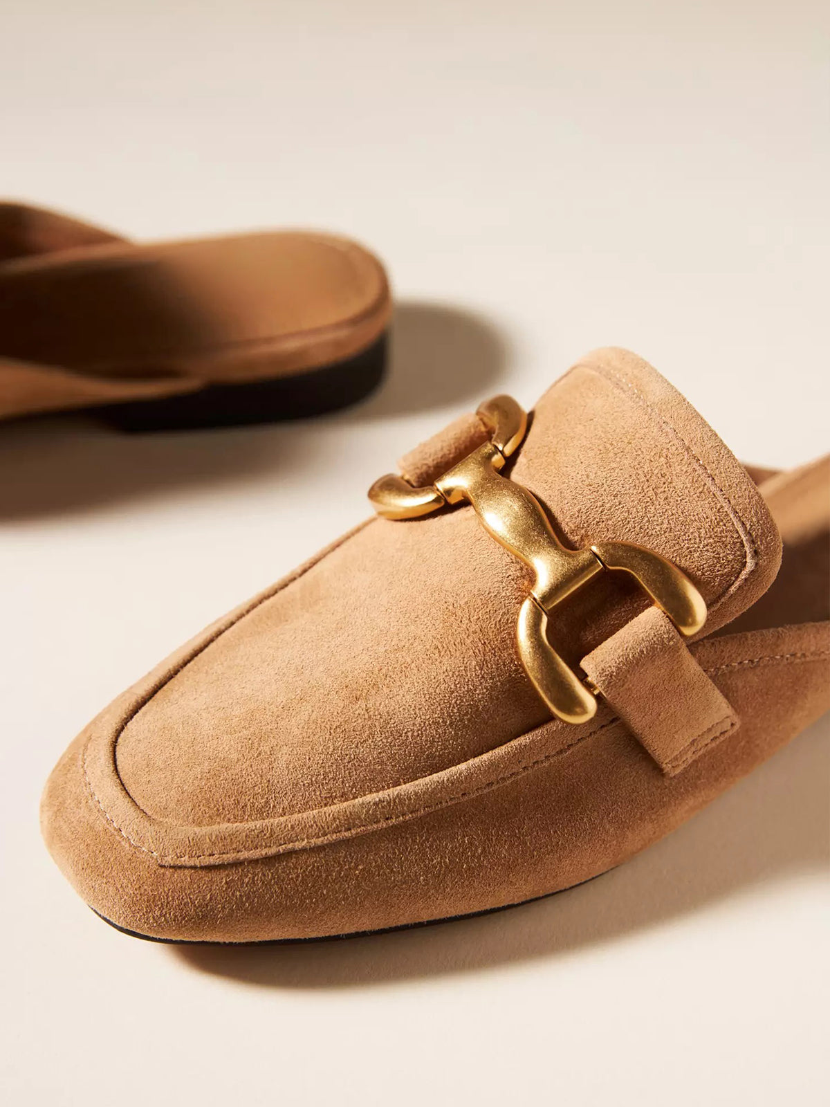 Camel Faux Suede Square-Toe Slip-On Front Metal Detail Flats Loafers