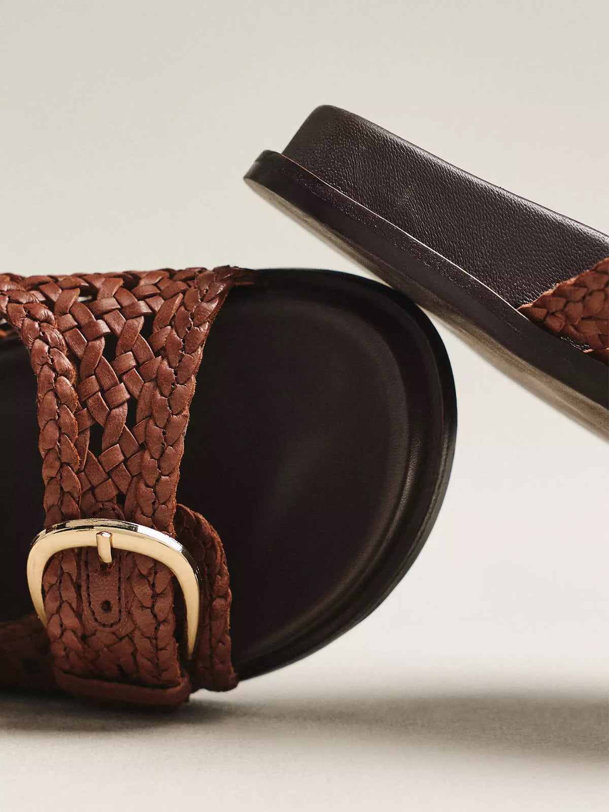 Brown Woven Vegan Leather Square-Toe Double Buckle Straps Slide Sandals Flats