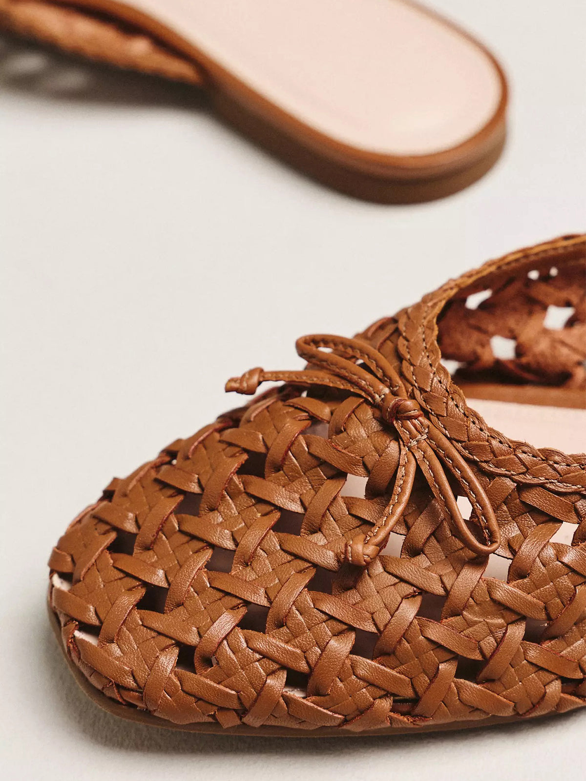 Tan Woven Vegan Leather Square-Toe Front Bow Mules Flats