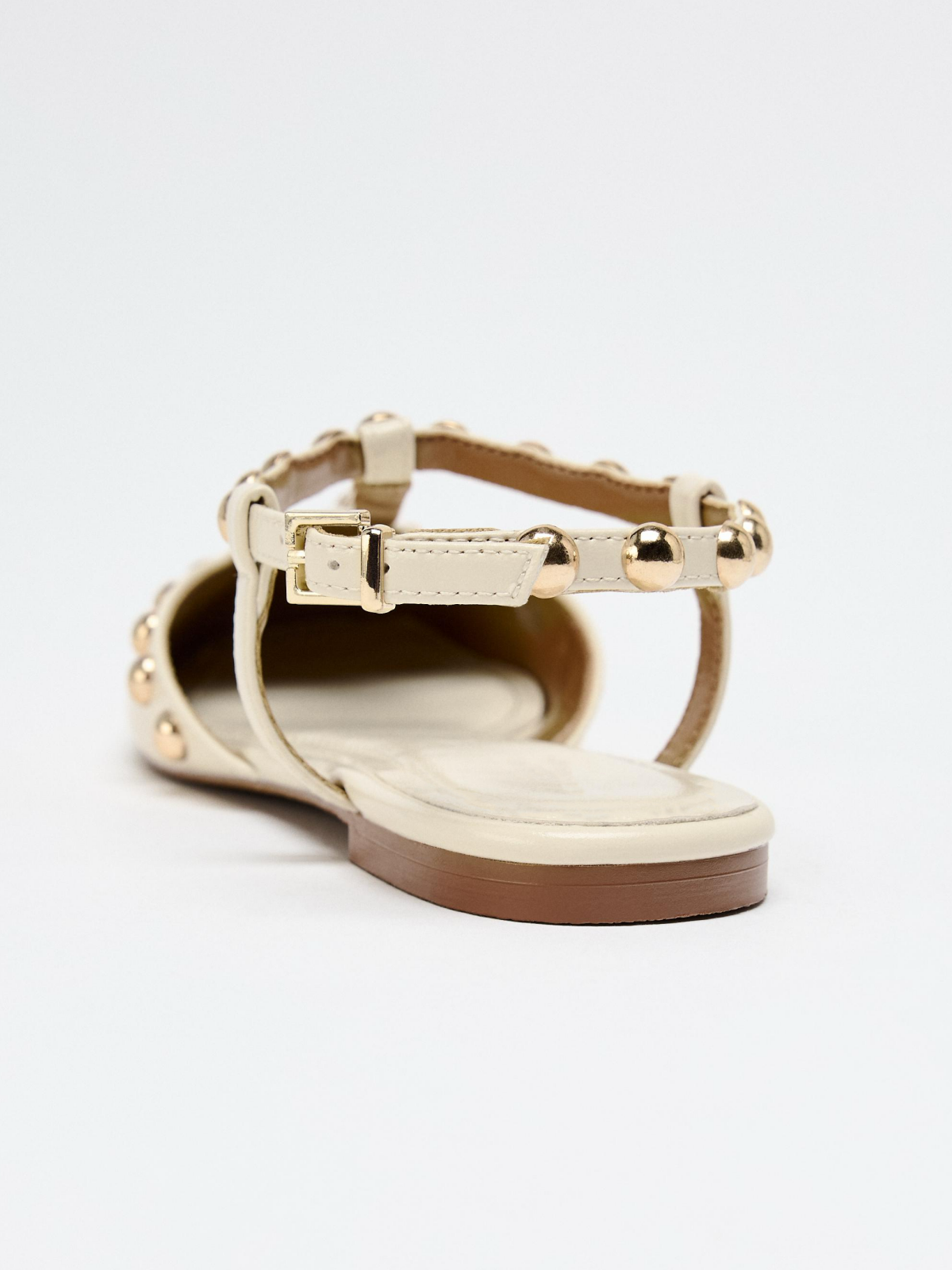 Ivory Square-Toe Gold Studded Flats With Ankle Strap
