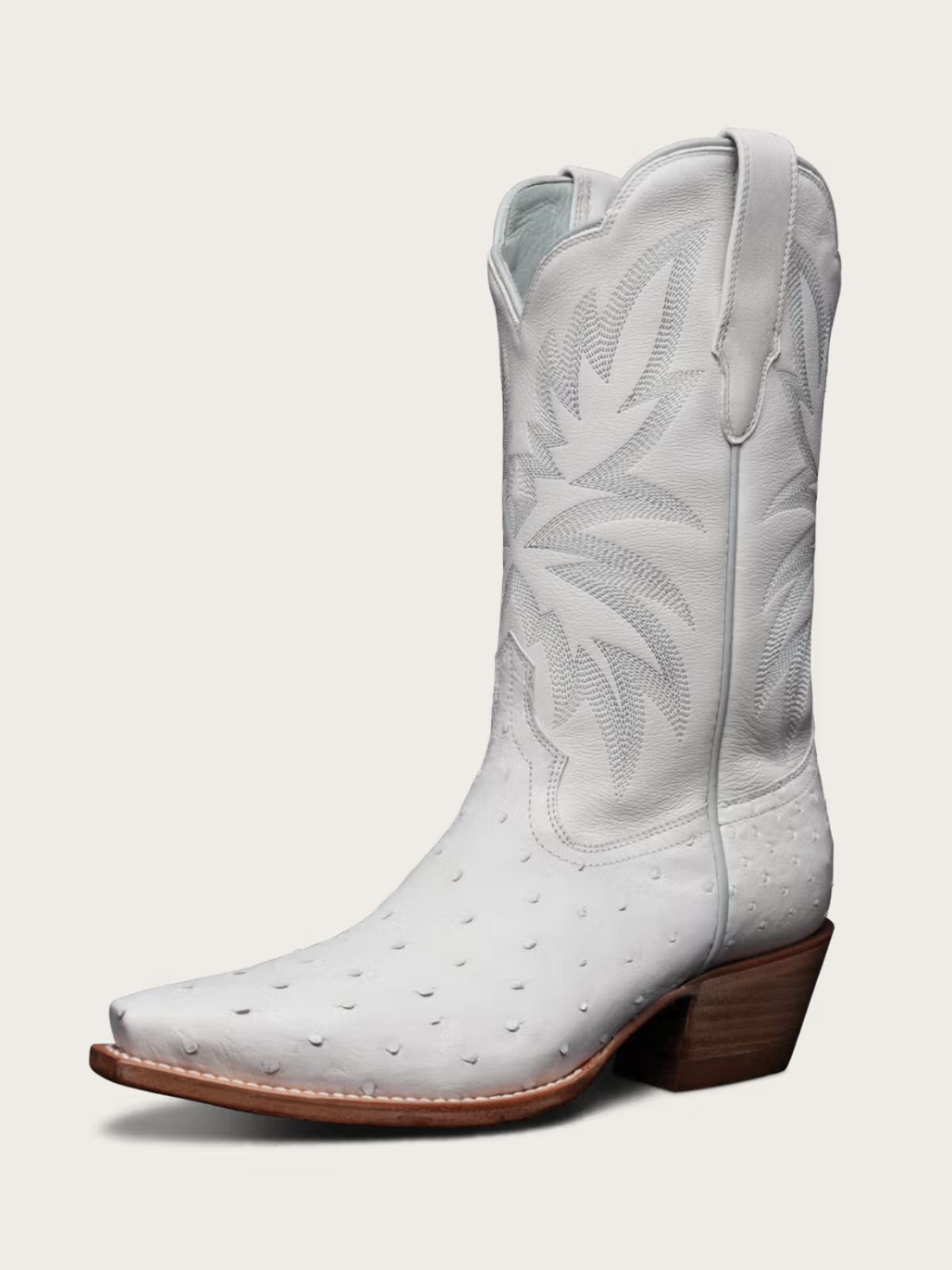 Retro Embroidery Snip-Toe Ostrich Print Vegan Leather Vamp Mid Calf Cowgirl Boots - White