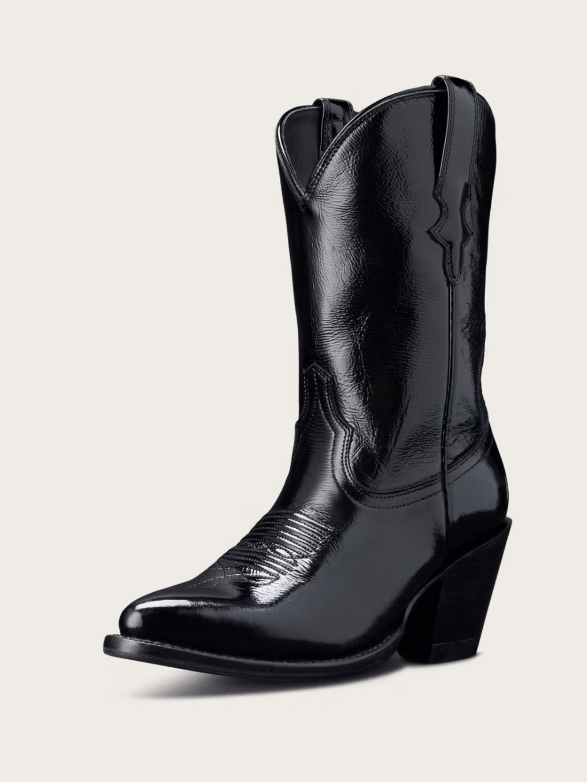 Black Patent Almond-Toe Wide Mid Calf Cowgirl Boots