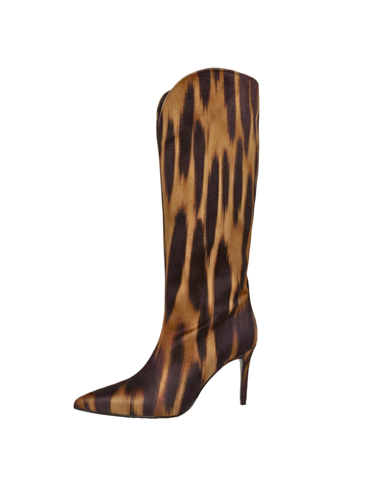 Tiger Print Lint Pointed-Toe Wide Calf Knee High Stiletto Boots