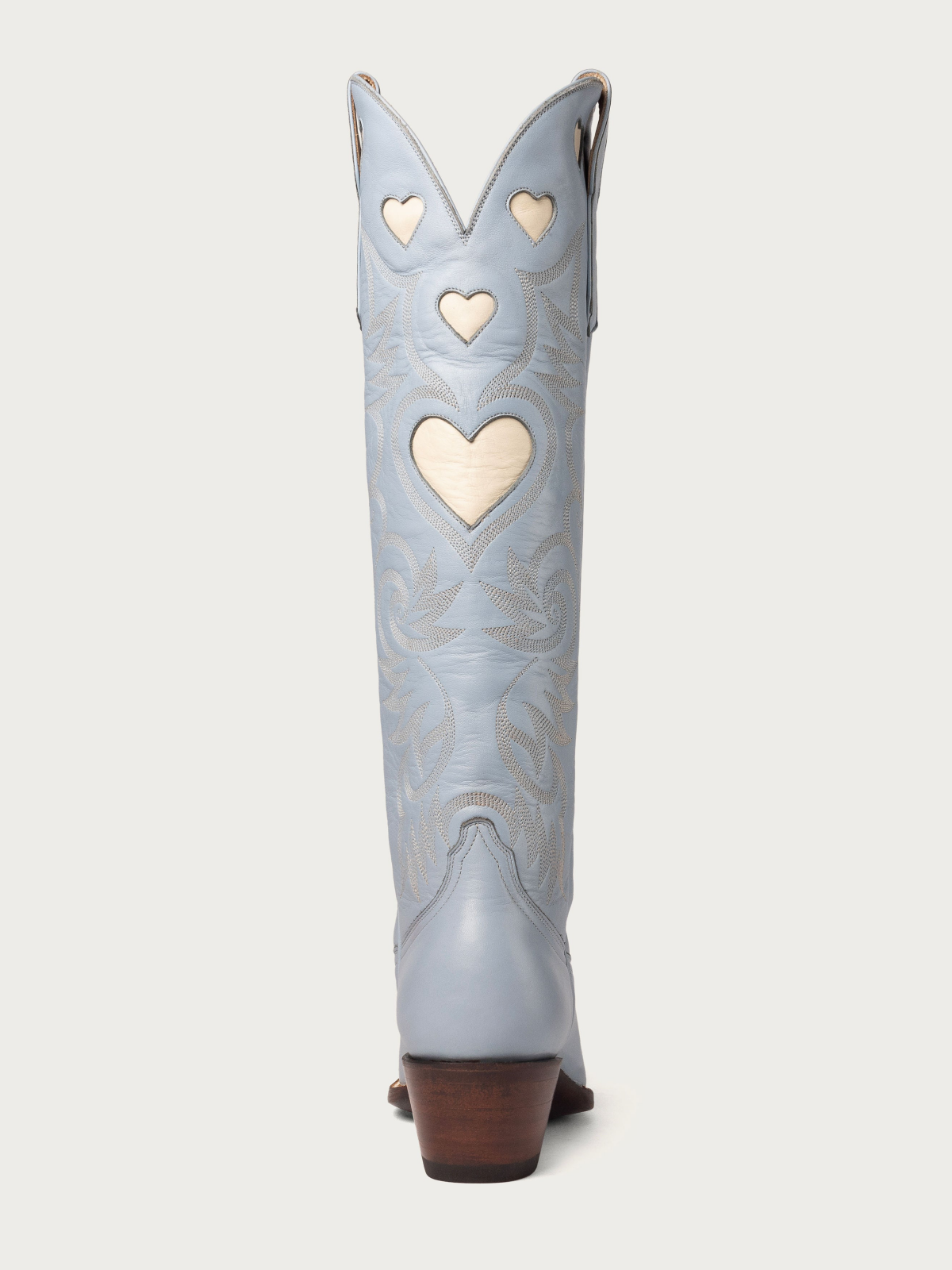 Ivory Heart Inlay Embroidery Almond-Toe Knee High Wide Calf Cowgirl Boots - Powder Blue