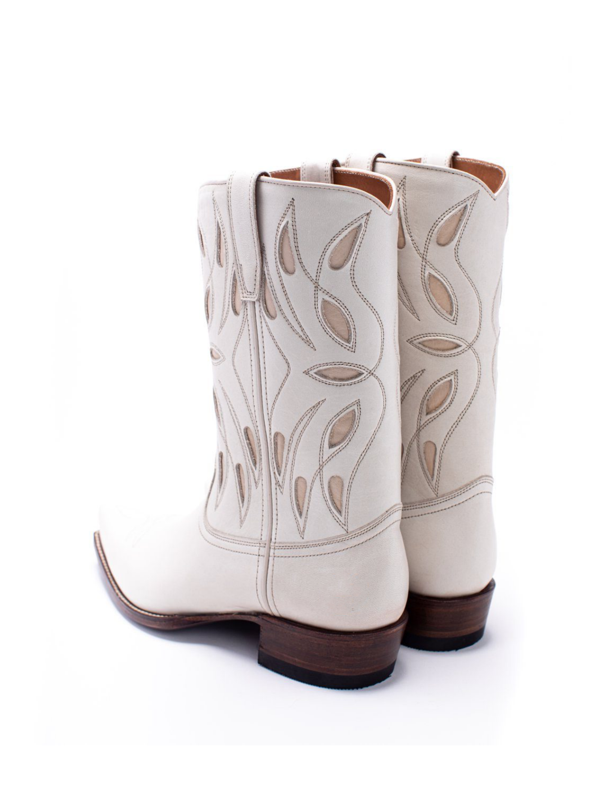 White Snip-Toe Faux Suede Inlay Embroidery Wide Mid Calf Cowgirl Boots