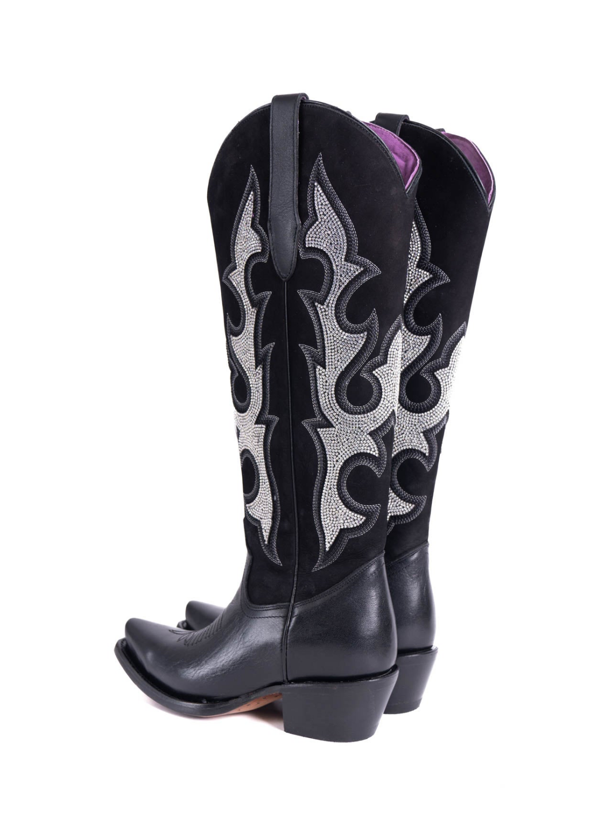Black Rhinestone Embroidery Snip-Toe Half-Zip Knee High Tall Cowgirl Boots