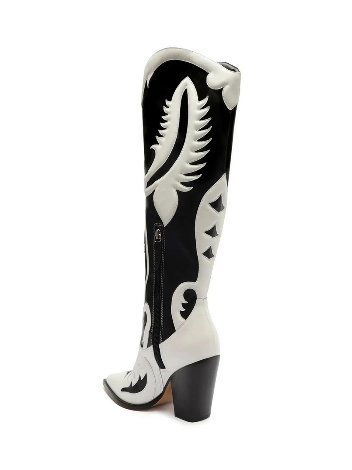 Contrast Black And White Pointed-Toe Padded Applique Half-Zip Knee High Cowgirl Boots