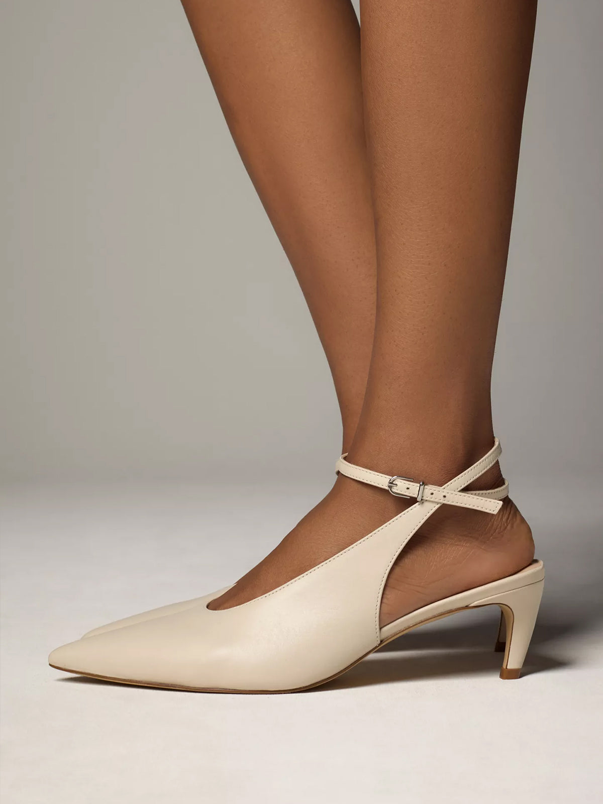 Cream Pointed-Toe Chic Slingback And Buckle Ankle Strap Kitten Heels