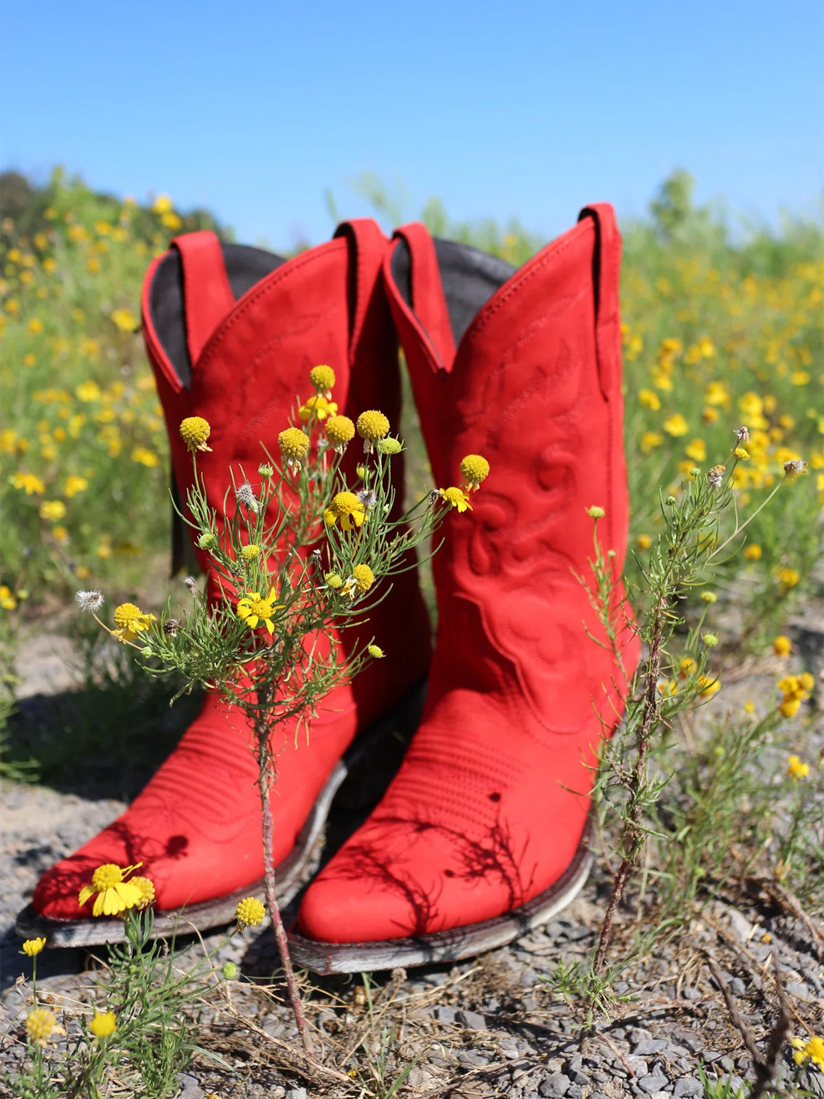 Red Almond-Toe Embroidery Mid Calf Cowgirl Boots For Women