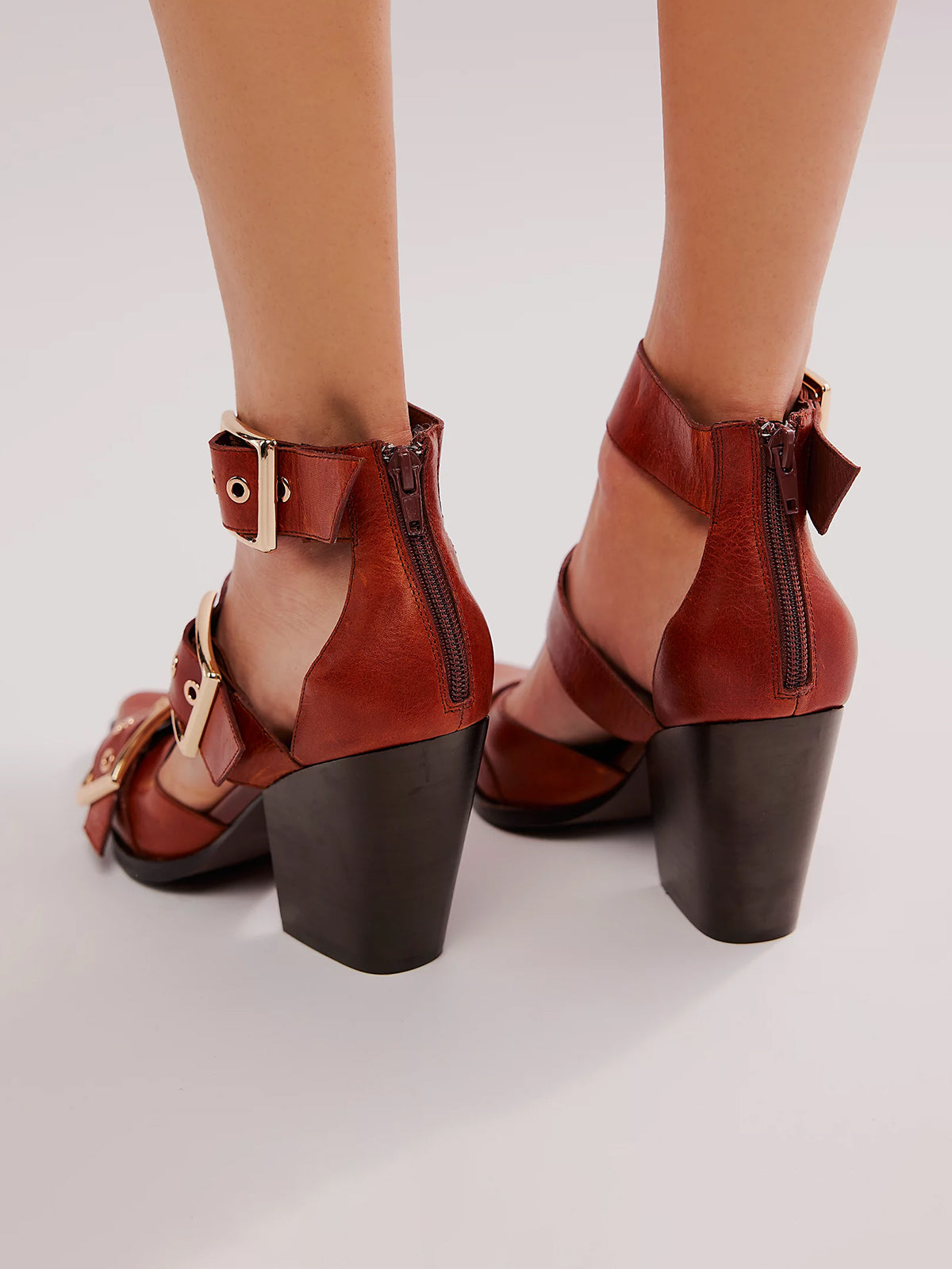 Pointed-Toe Three Buckled Straps Back Zip Chunky High Heels - Tan