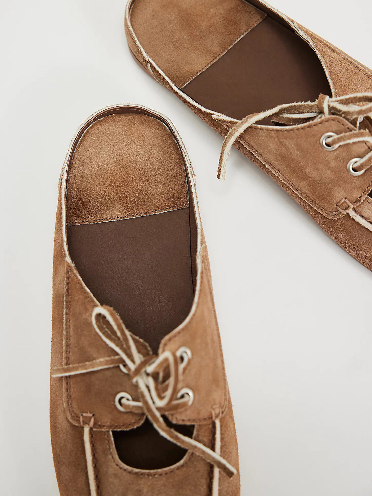 Camel Faux Suede Round-Toe Lace-Up Backless Boat Shoes Flats
