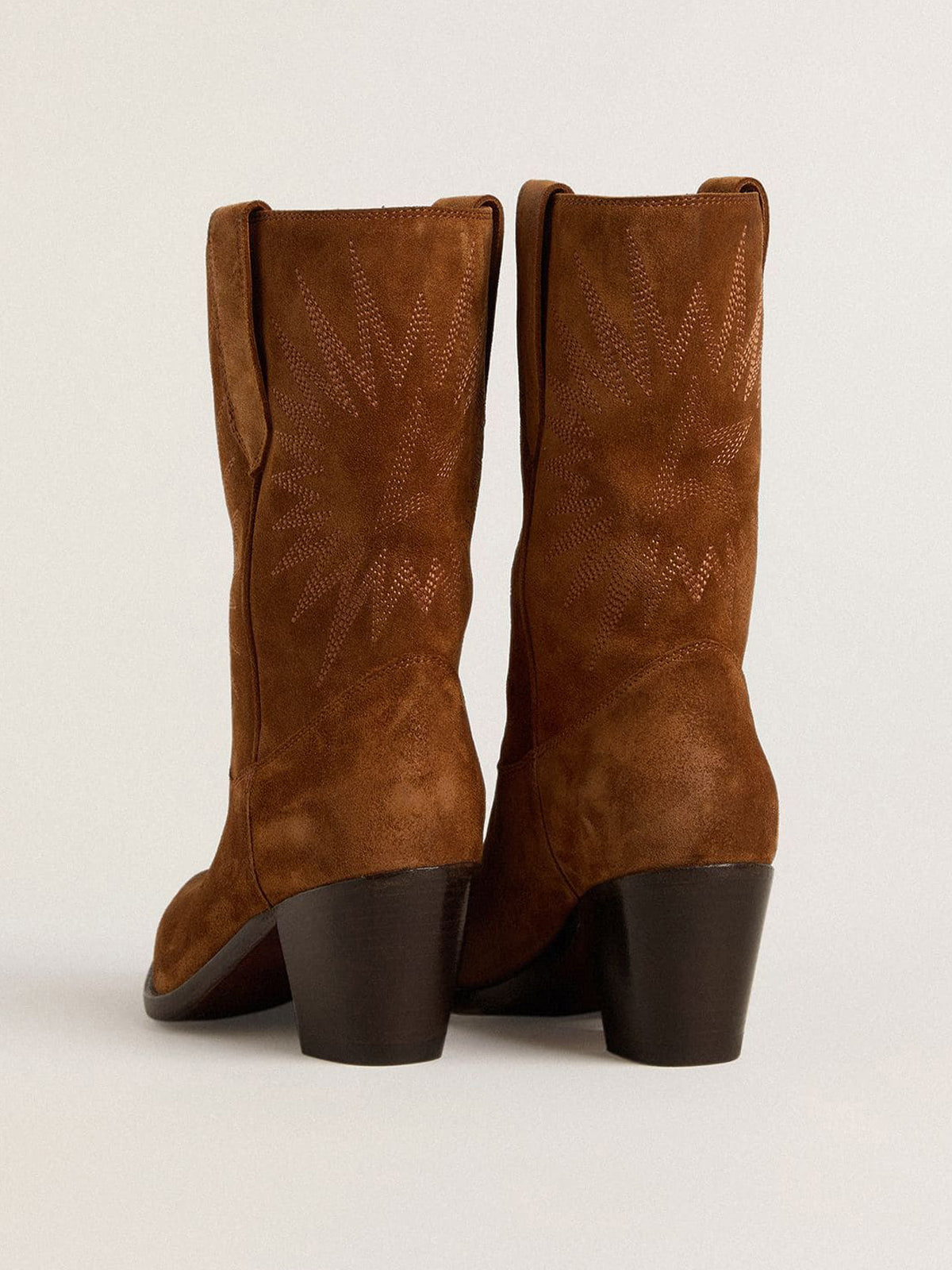 Cognac Faux Suede Pointed-Toe Star Embroidery Mid Calf Classic Cowgirl Boots