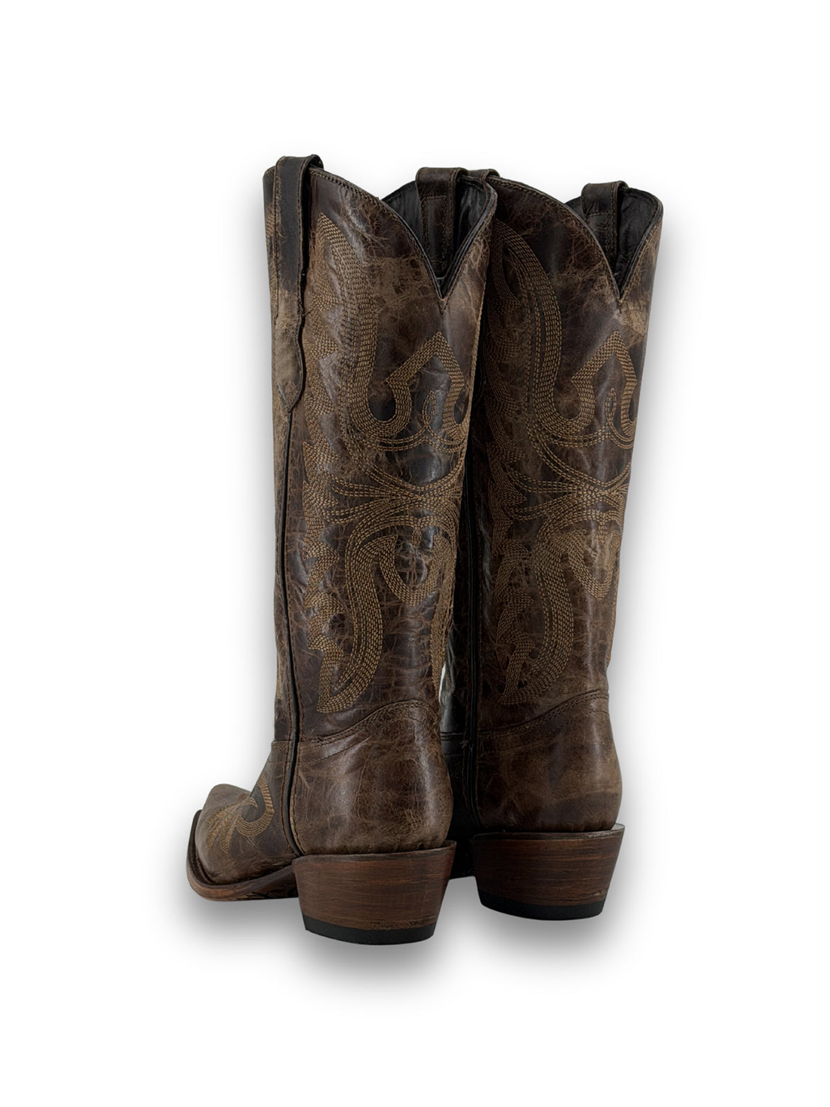 Snip-Toe Sleek Embroidery Mid Calf Cowgirl Boots For Woman - Distressed Brown