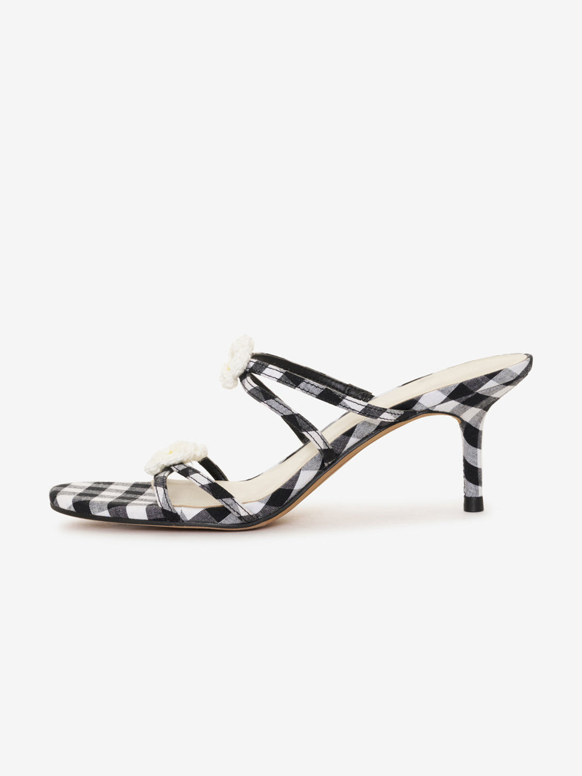 Black Gingham Round-Toe Strappy Kitten Heels With Daisy Appliques