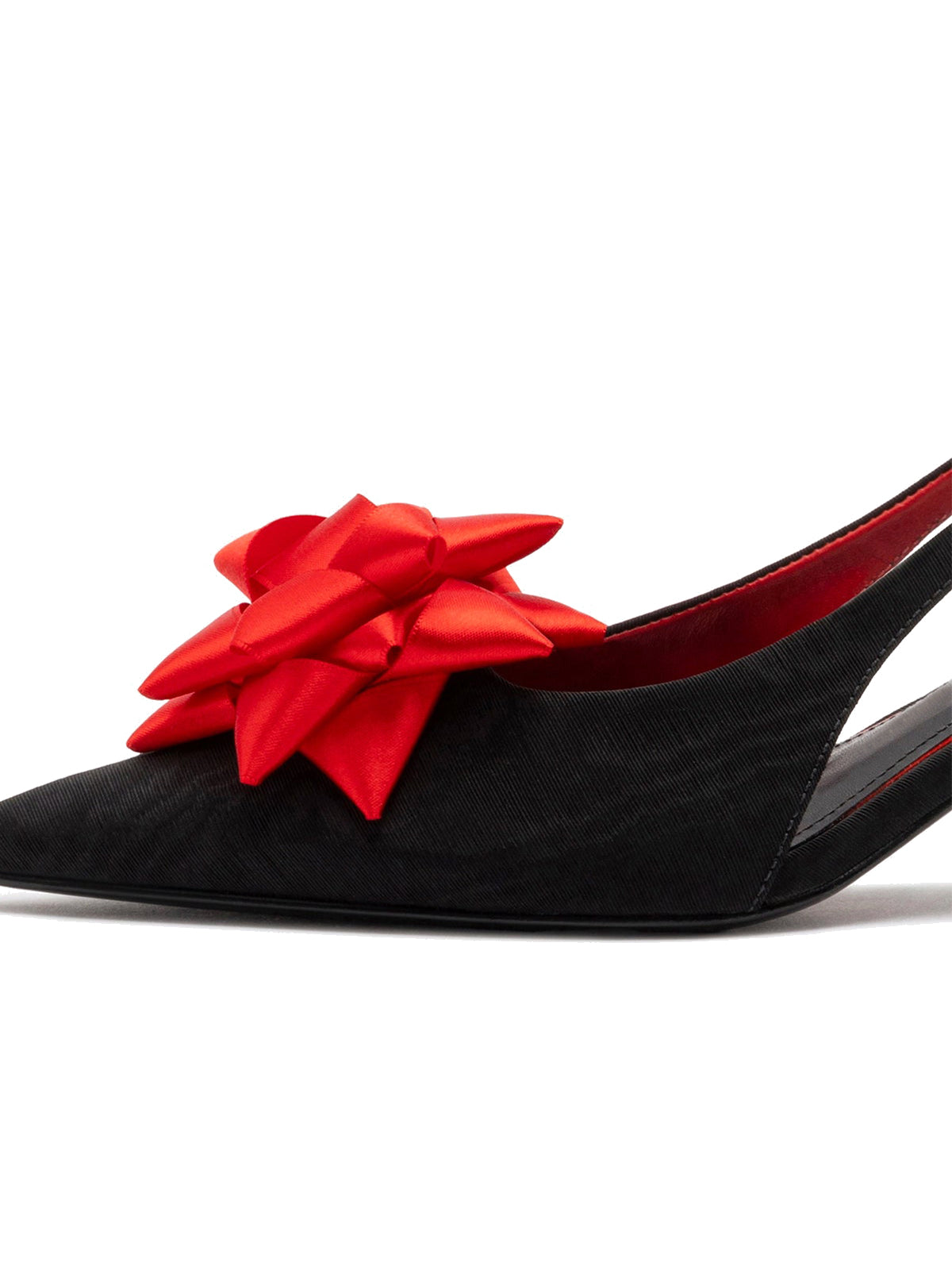 Black Satin Pointed-Toe Front Red Bow Slingback Kitten Heels