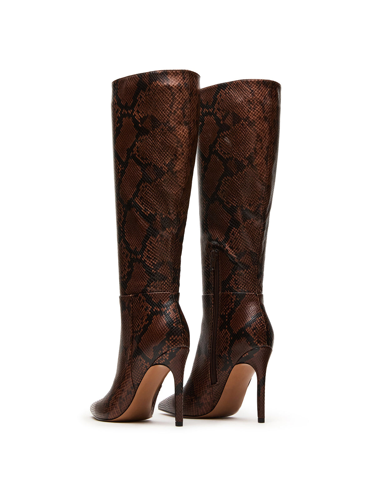 Brown Snakeskin Pattern Pointed-Toe Half-Zip Knee High Stiletto Boots