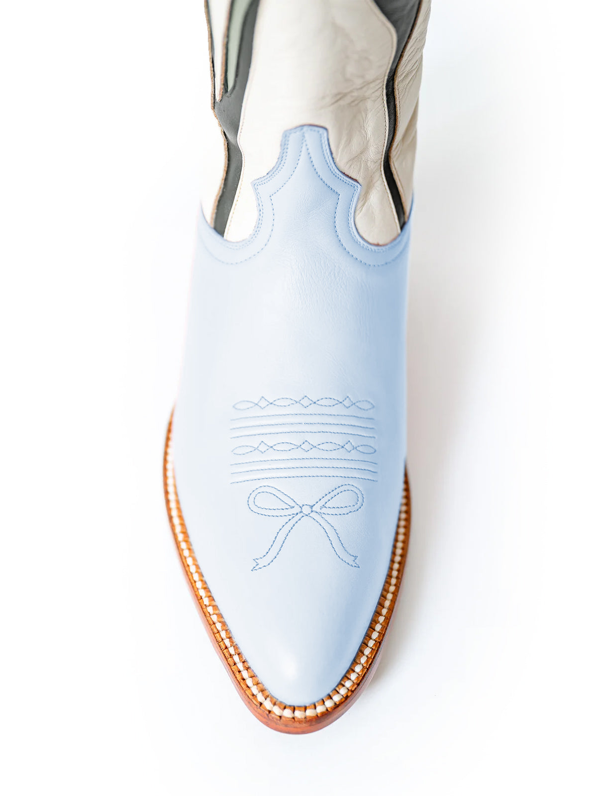 Contrast Blue And Ivory Almond-Toe Tulip Inlay Wide Calf Knee High Cowgirl Boots