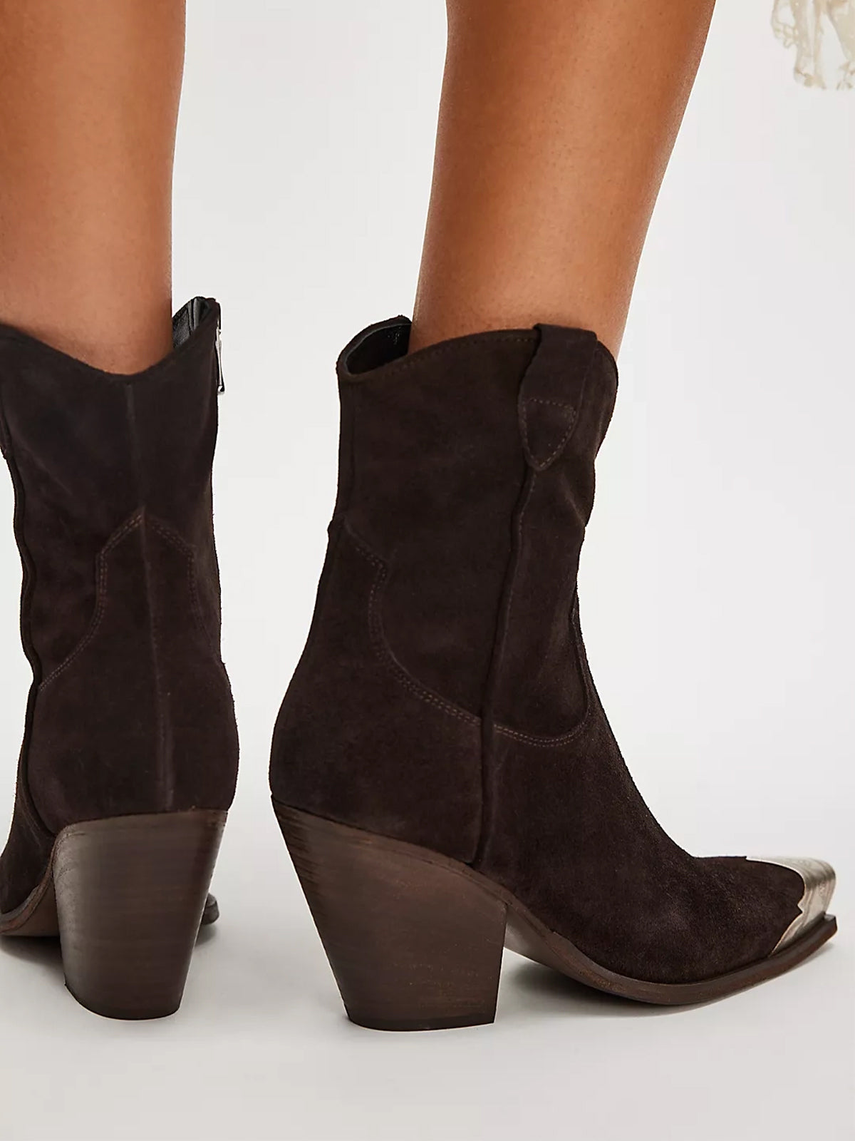 Metal Snip-Toe Full-Zip Classic Cowgirl Ankle Boots - Chocolate Faux Suede