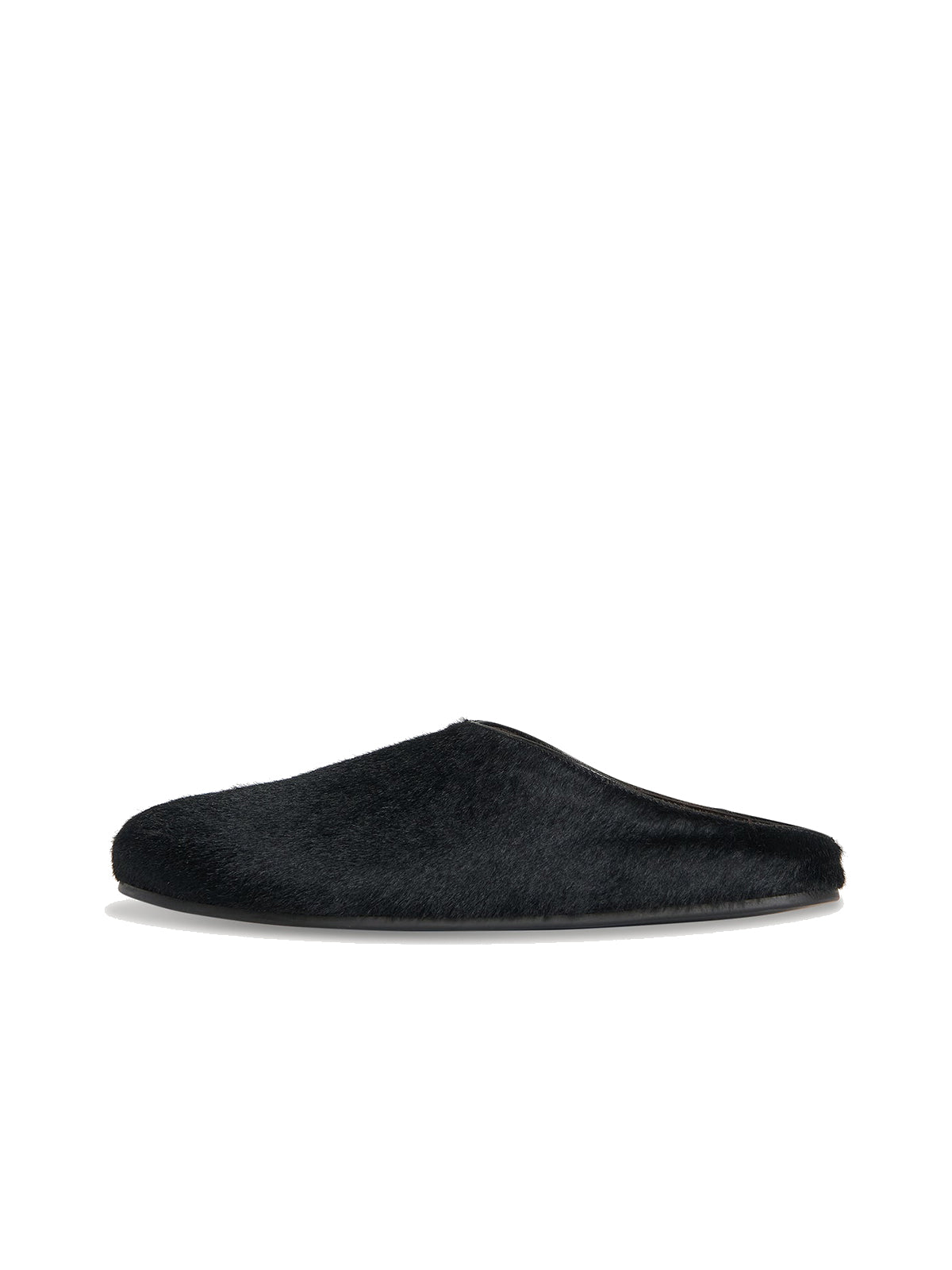 Black Pony Hair Vegan Leather Round-Toe Simple Slip-On Flat Slides