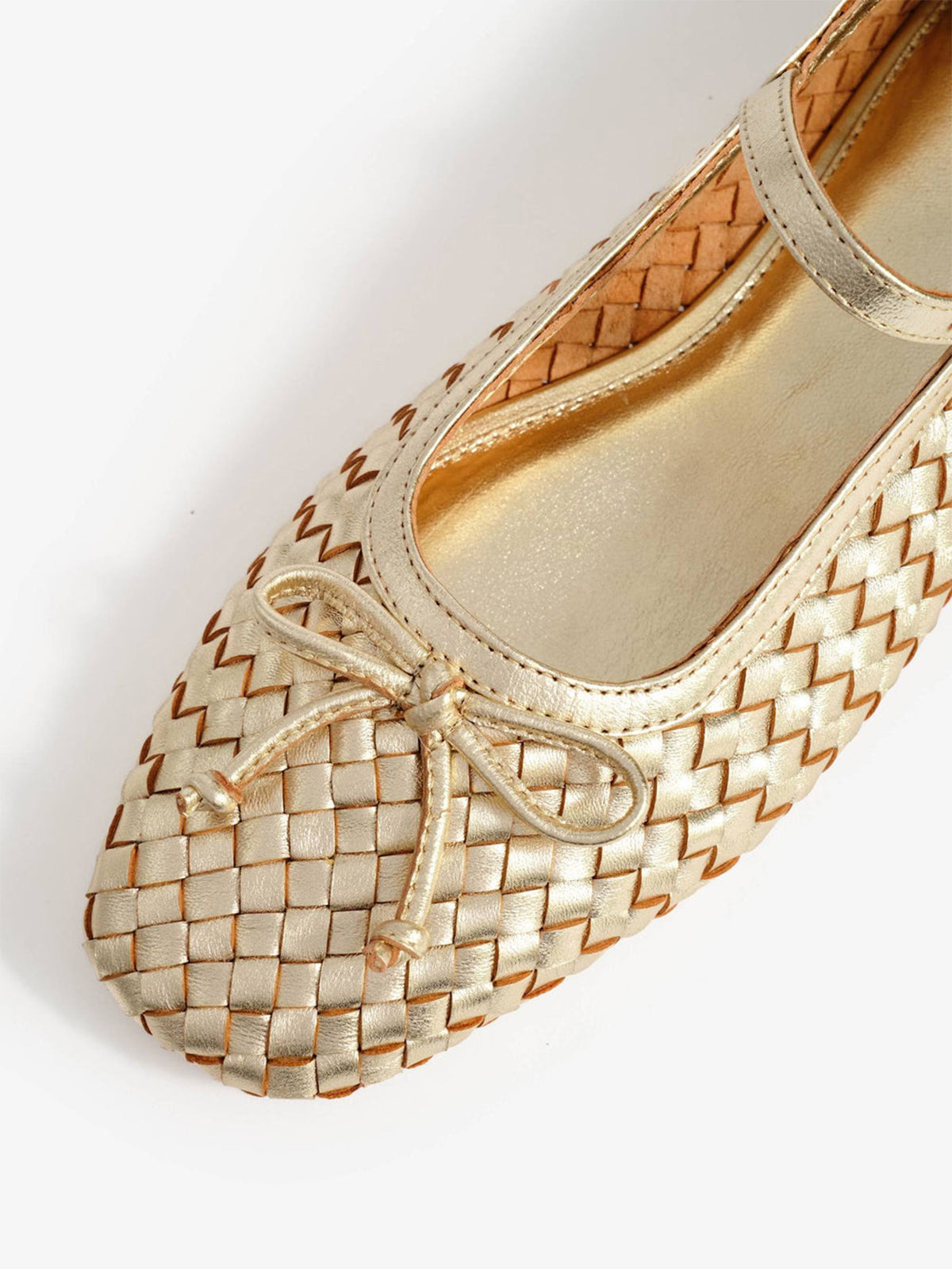 Metallic Gold Woven Vegan Leather Square-Toe Front Bow And Mary Jane Flats