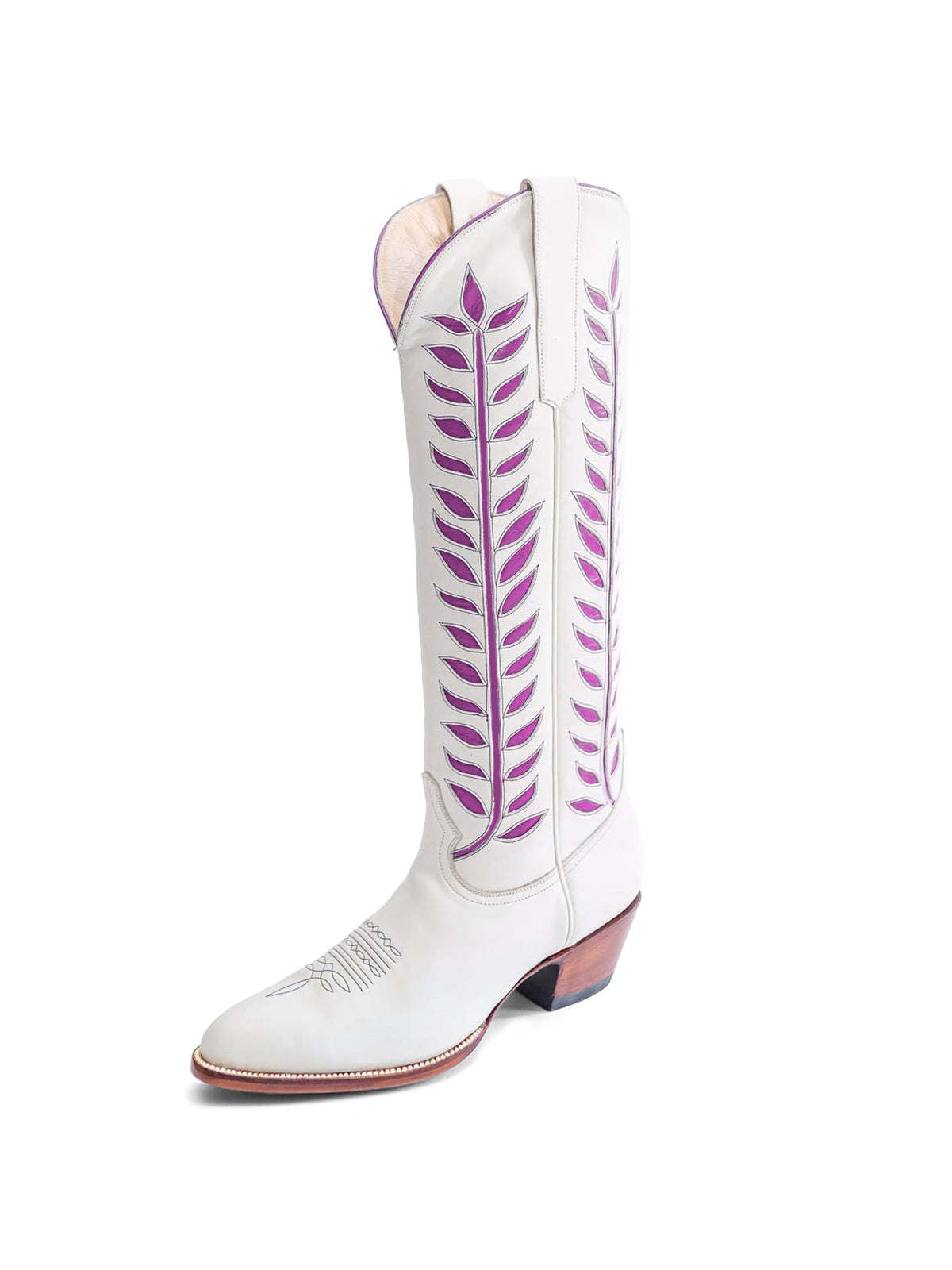 Almond-Toe Grape Purple Leaves Inlay Wide Calf Tall Knee High Cowgirl Boots - White