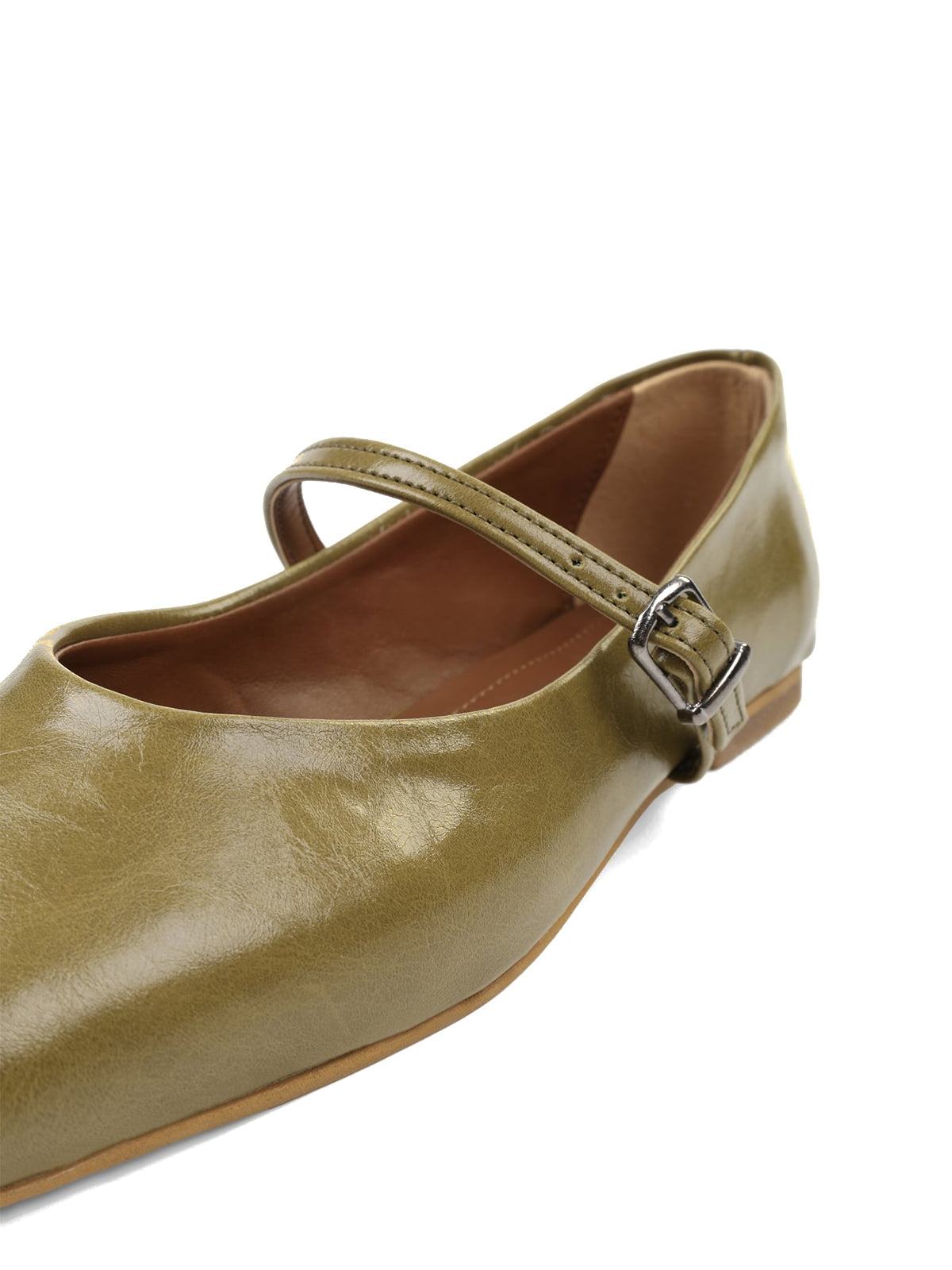 Olive Green Square-Toe Buckle Bridge Strap Stylish Ballet Flats