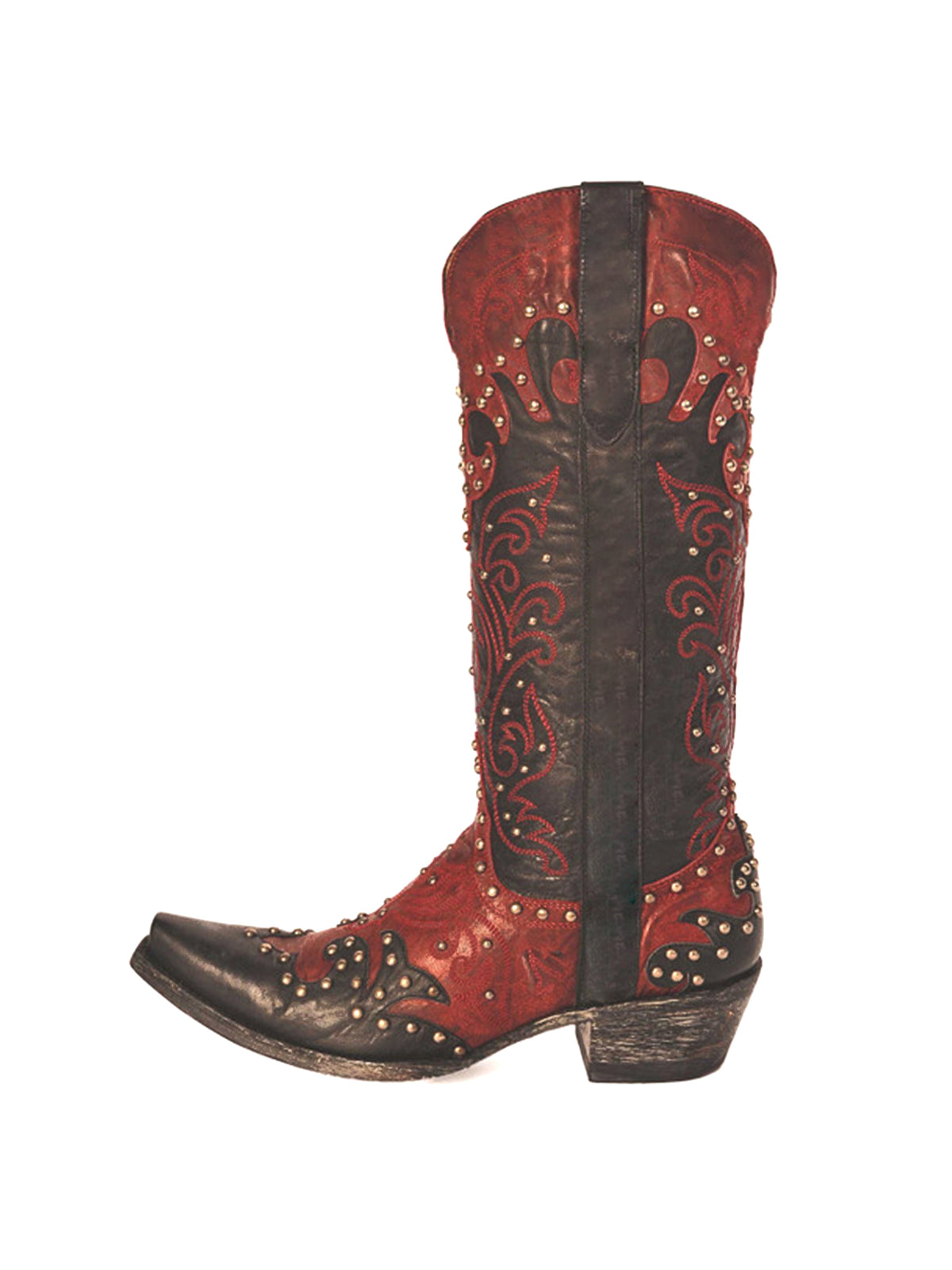Contrast Black And Red Snip-Toe Studs And Embroidery Mid Calf Cowgirl Boots
