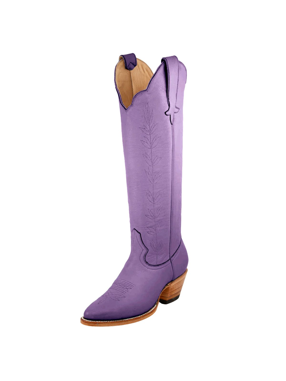 Almond-Toe Leaves Embroidery Wide Calf Knee High Cowgirl Boots - Dark Purple