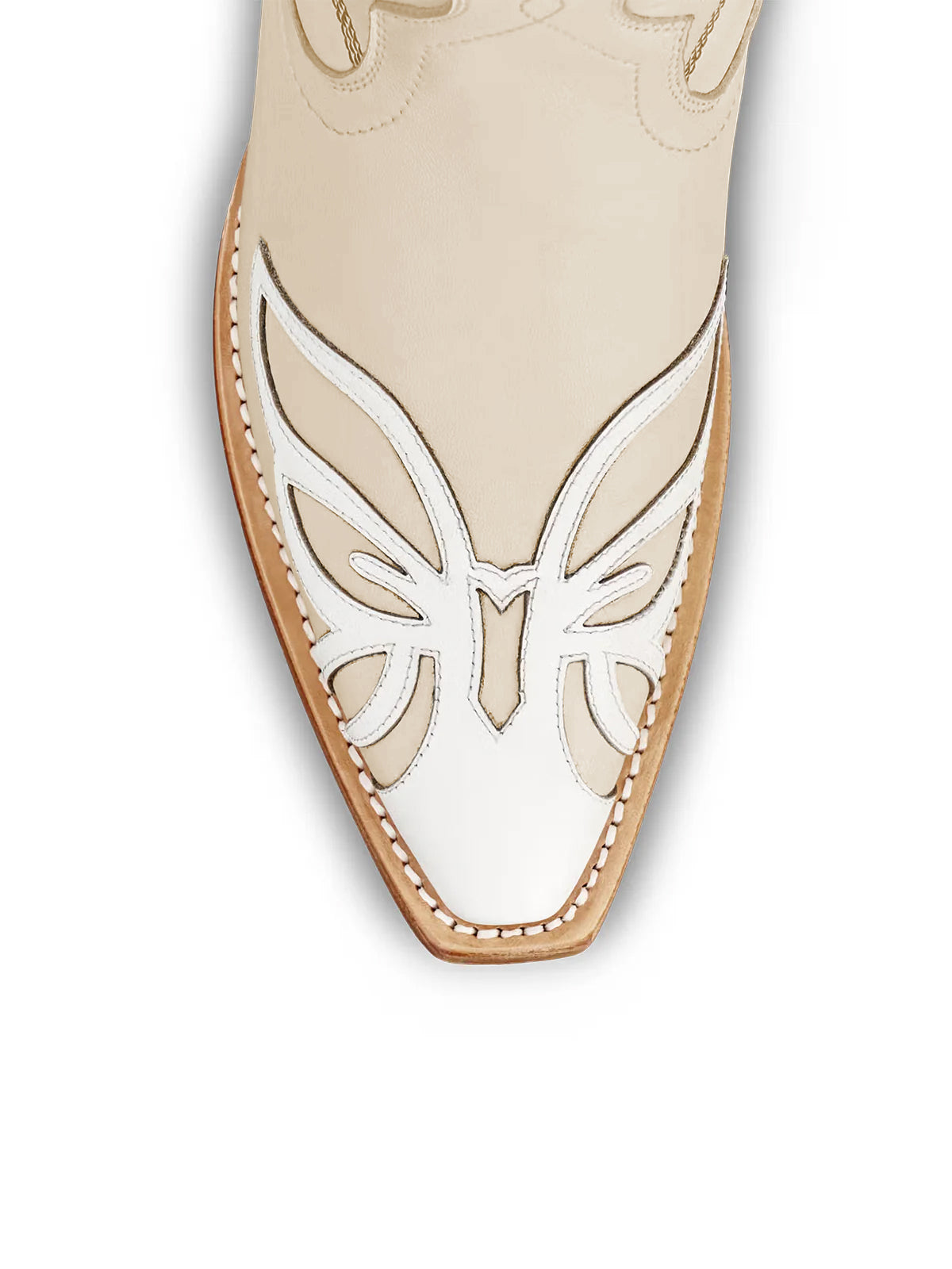 Beige Snip-Toe Flower Applique Mid Calf Pull On Cowgirl Boots